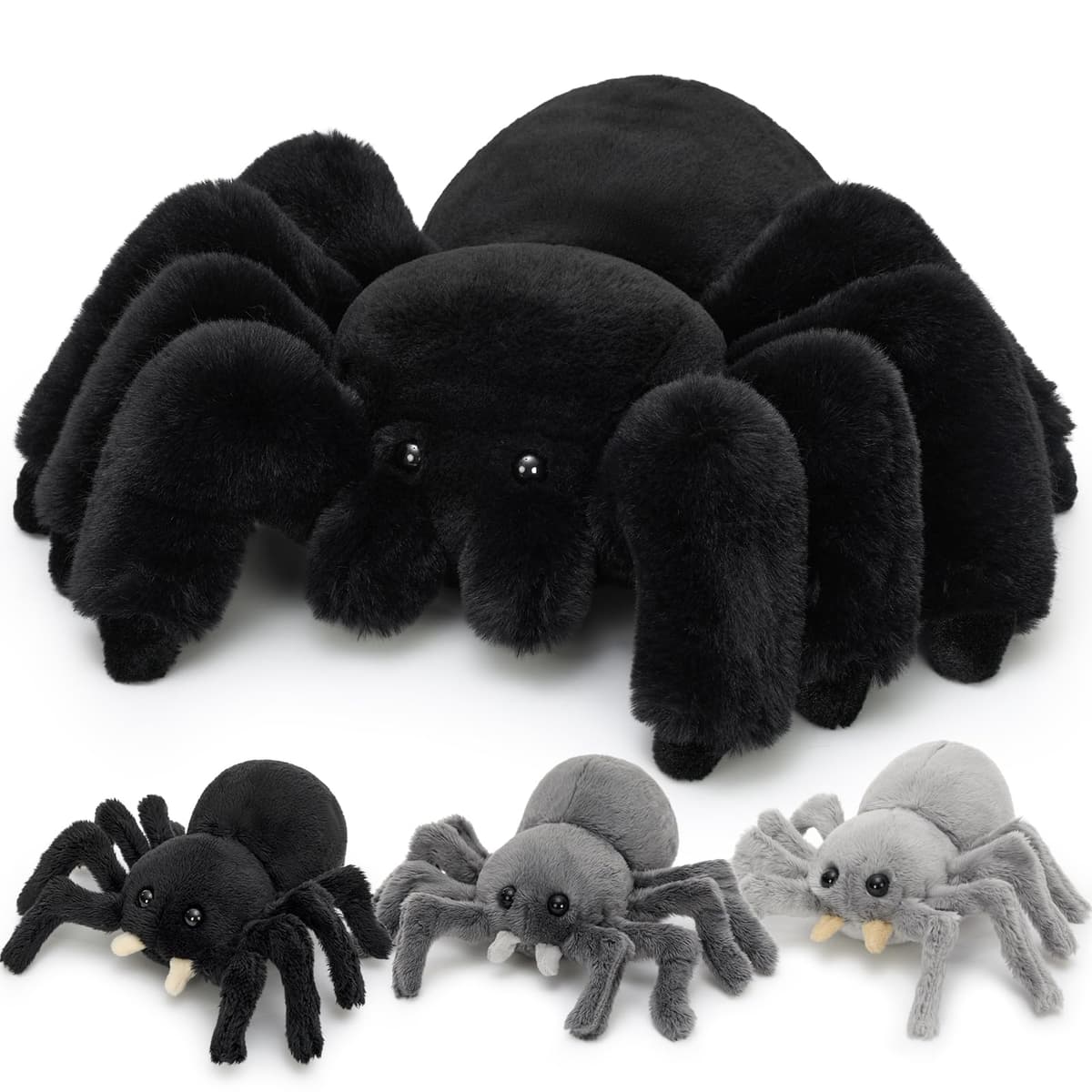 MorisMos Big Spider Teddy Soft Toy, 40cm Large Black Spider with 3 Cuddly Baby Inside, Giant Fluffly Stuffed Animal, Realistic Kawaii Plush Gift for Kids Birthday