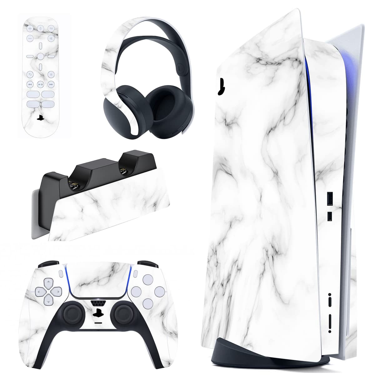 PlayVital Calcomanía Vinilo para ps5 Edición Disc - Pegatina Completa para Consola, Control, Base de Recarga, Control Remoto y Audífonos, Cubierta Protectora Adhesiva(Efecto de Mármol Dorado Rosa) — view 21