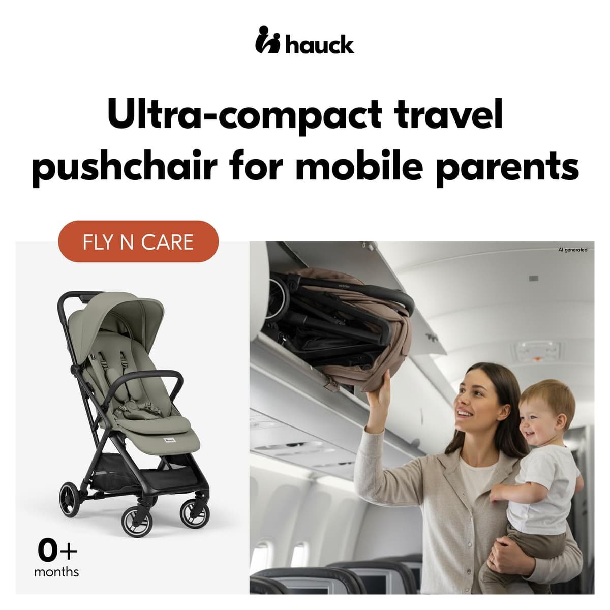 Hauck Fly N Care, Sage Green - Ultra Compact & Light Travel Pushchair (7.5kg) with One Hand Fold, Carry Strap & Bag, Seat Liner, Car Seat Adapter, UPF 50+ Sun Canopy, Fully Reclining Birth to 22 kg — view 2