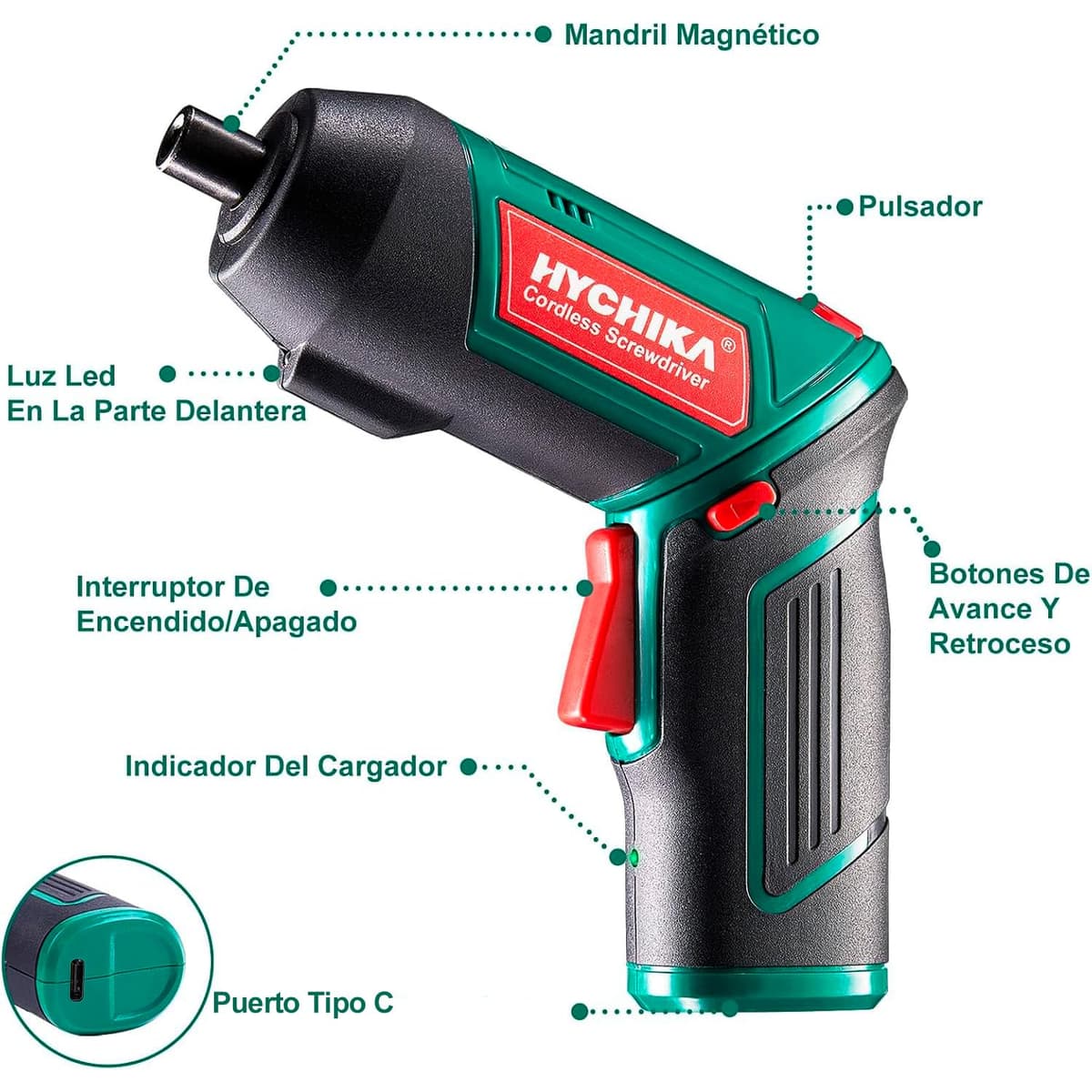 HYCHIKA Destornillador Eléctrico 6N.m, Atornillador Eléctrico Inalámbrico 3.6v Batería 2000mAh (Máximo Par 6 N.m) LED Luz, Mandril Magnétic, Cable USB, 20 Accesorios — view 2