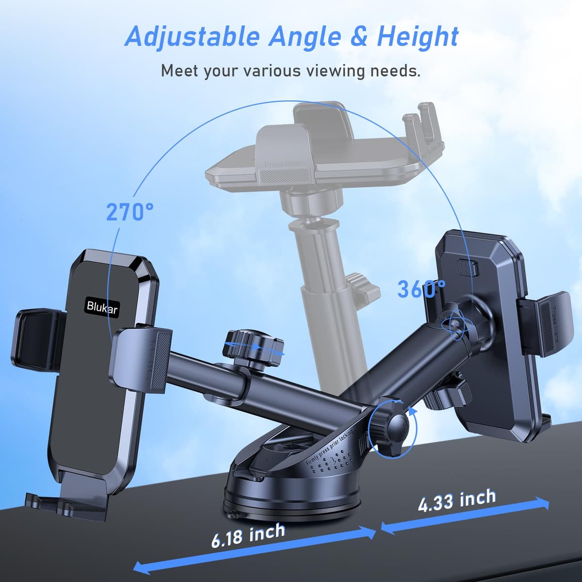 Blukar Car Phone Holder, Adjustable Car Phone Mount 360° Rotation for Dashboard/Windscreen, Upgraded Strong Suction - One Button Release Automobile Cradle for iPhone 4.0''-7.0'' Smartphones — view 5