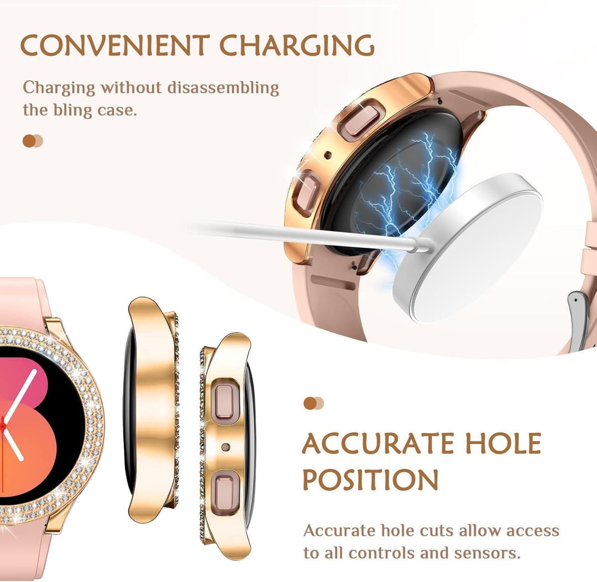 DEALELE [2-PACK] Case Compatible with Samsung Galaxy Watch FE / 5/4 40mm, Bling Double-row Diamond PC Protective Case Protector Cover, 40mm, Rose gold + Transparent — view 6