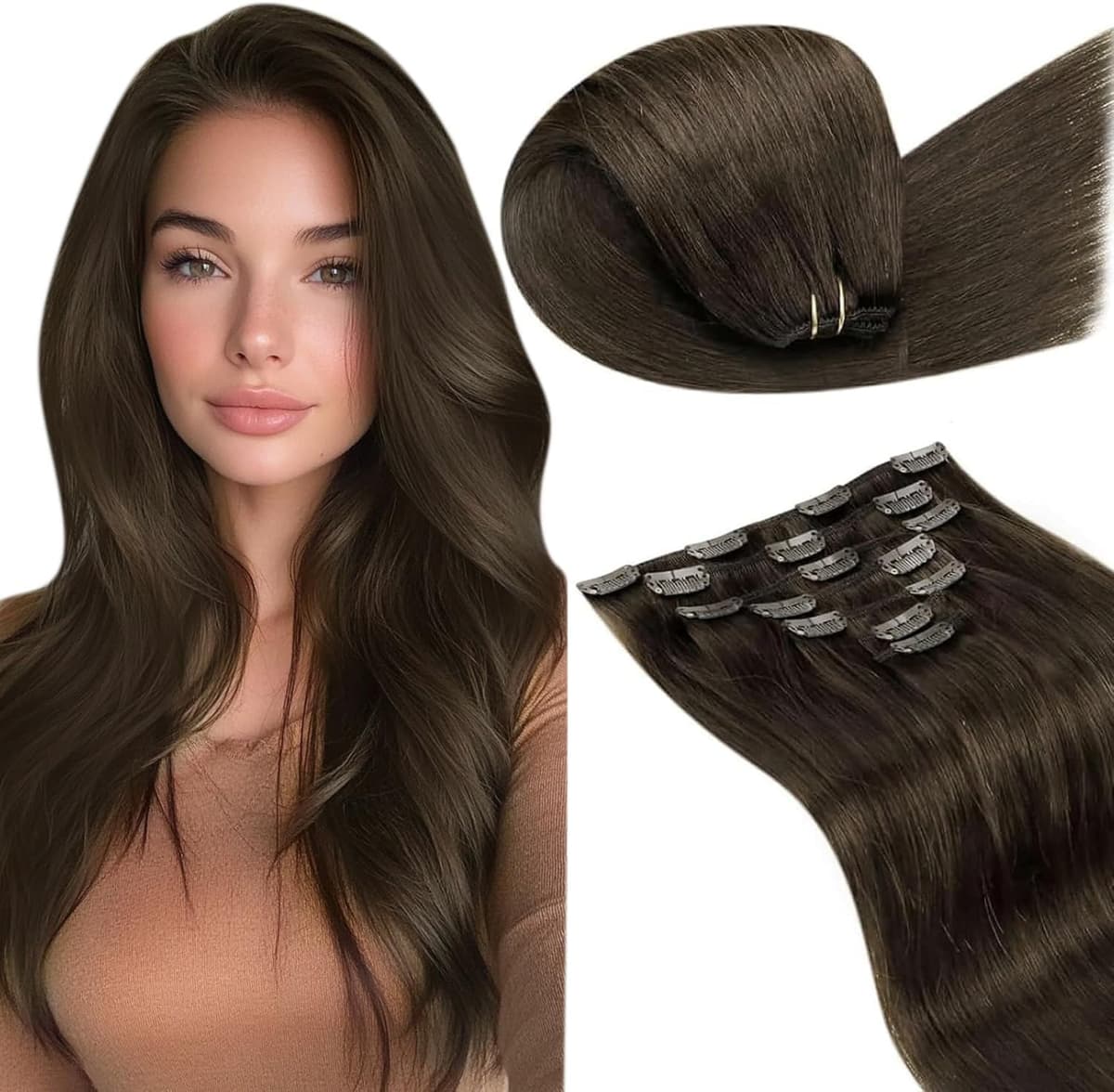 LaaVoo Hair Extensions Clip in Real Human Hair Brown Clip in Hair Extensions Dark Brown Remy Straight Hair Full Head Double Weft 80g 5pcs 14 Inch #4 — view 26