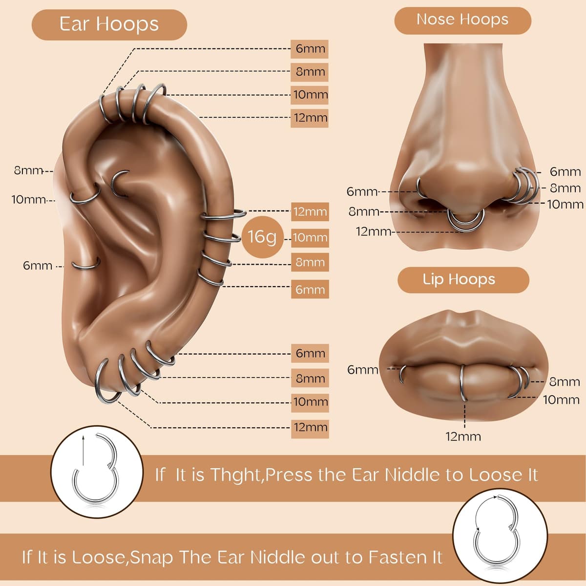 YADOCA 12 Pcs Acero Quirúrgico Piercings Nariz Septum Piercing 16G Segmento Anillo Cuerpo Piercing Nariz Aro Labio Anillos Cartílago Concha Helix Pendientes para Mujeres Hombres 6-16mm — view 4