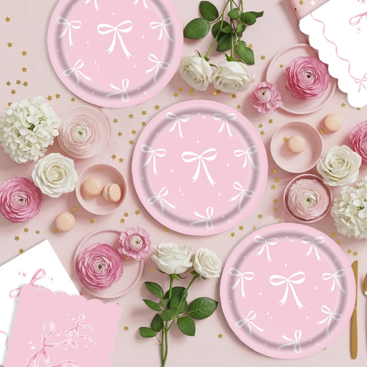 Bikasun Pink Bow Party Tableware Set, Princess Children's Birthday Tableware, Cups, Napkins, Paper Plates for Girls Women Party Supplies, Serves 16 — view 3