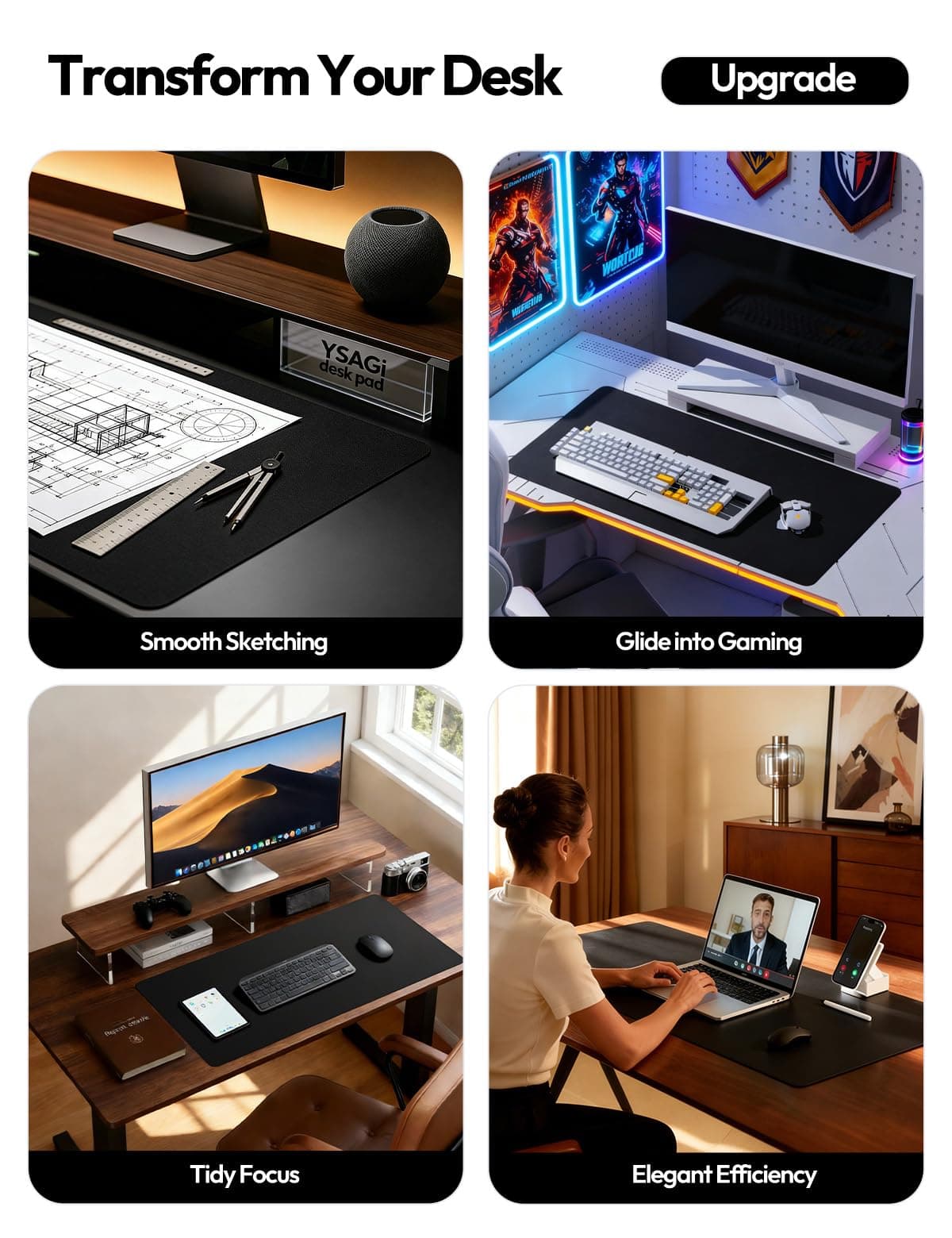 YSAGi Leather Desk Mat, Large Mouse Mat, Non-Slip Desk Pad, Waterproof Leather Table Protector Writing Pad for Office and Home (60 x 35 cm, Black) — view 2
