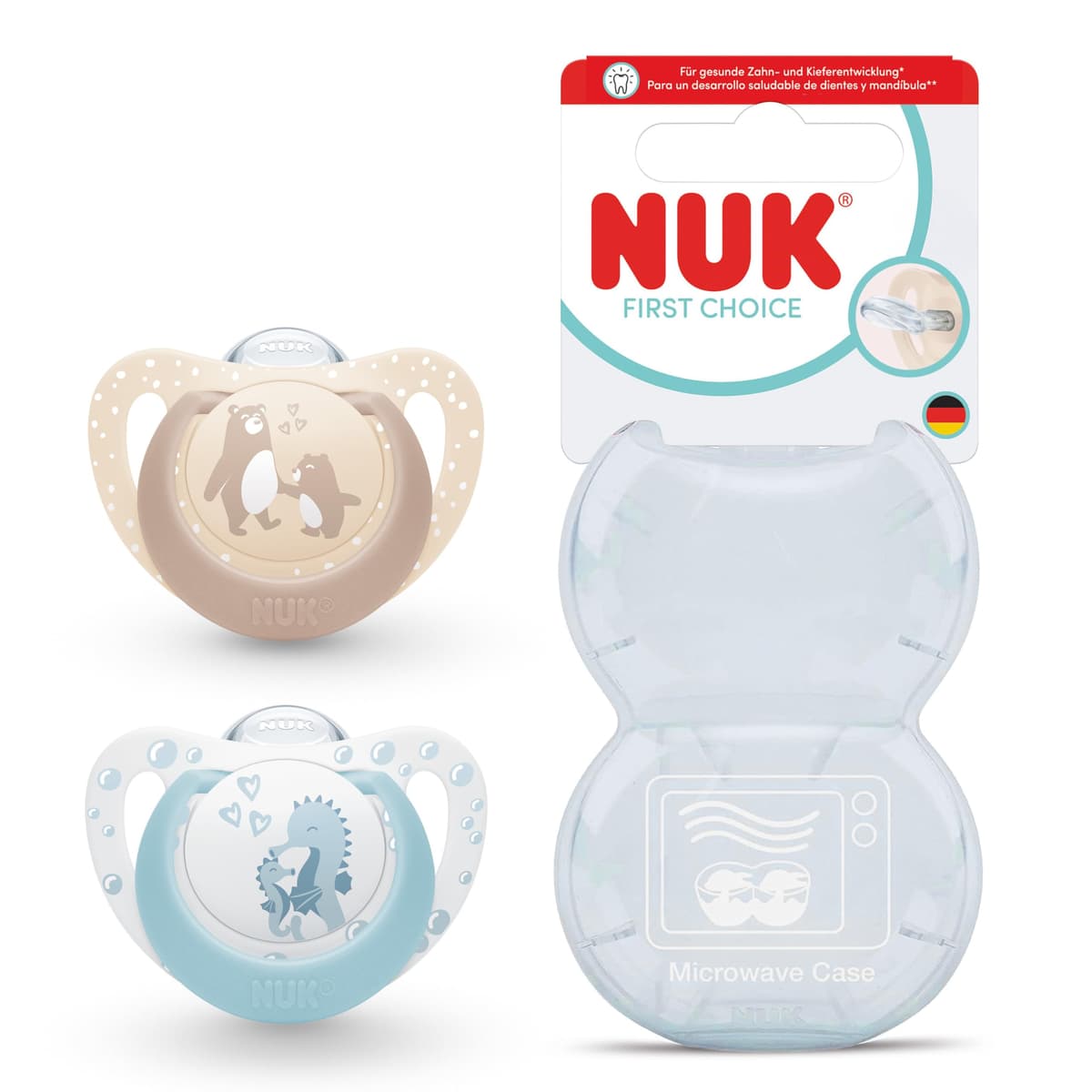 NUK First Choice Baby Dummies | 0-6 Months | Orthodontic Soothers | Soothes 99% of Babies** | Bear & Seahorse | 2 Count