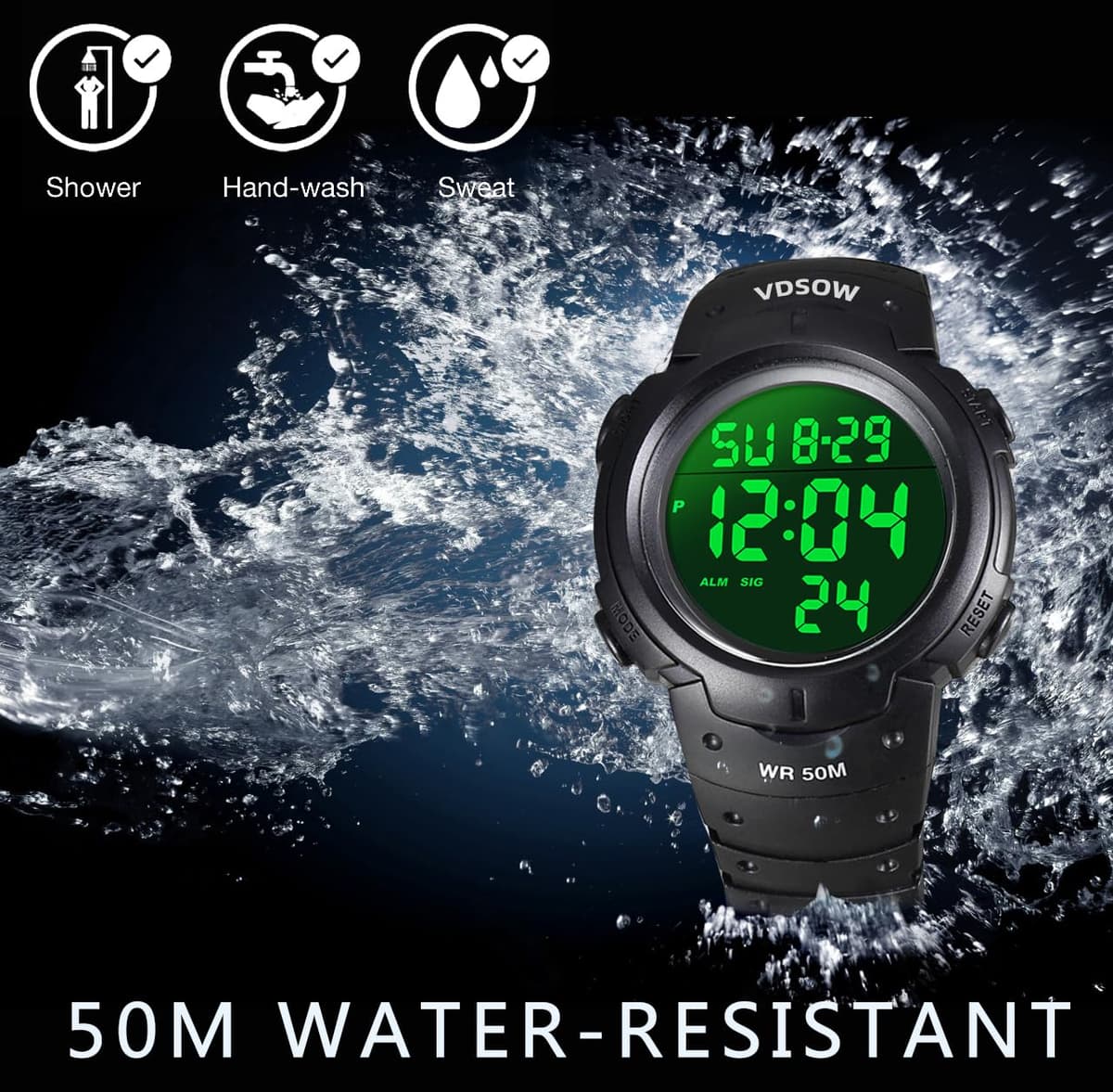 Mens Sports Digital Watches - Outdoor Waterproof Sport Watch with Alarm/Timer, Big Face Military Wrist Watches with LED Backlight for Running Men - Black — view 4