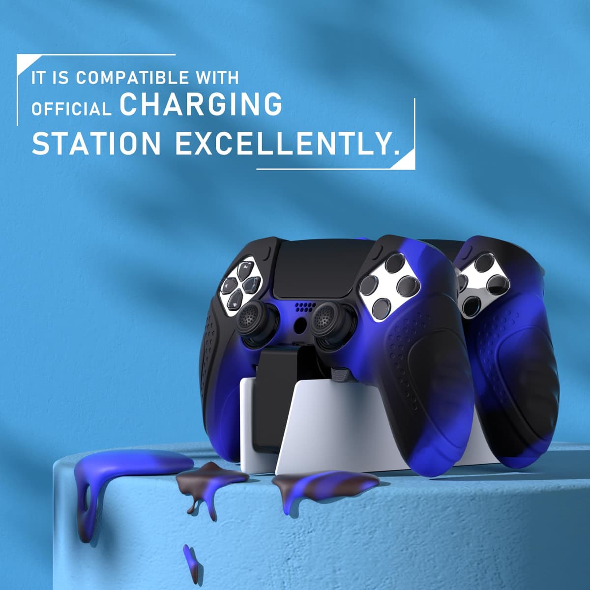 PlayVital Funda de Silicona Antideslizante para ps5 Edge - Cubierta Protectora con 2 Tapas para Joysticks, Protector de Goma para ps5 Edge Mando, Diseño Ergonómico (Edición Guardian - Azul&Negro) — view 2