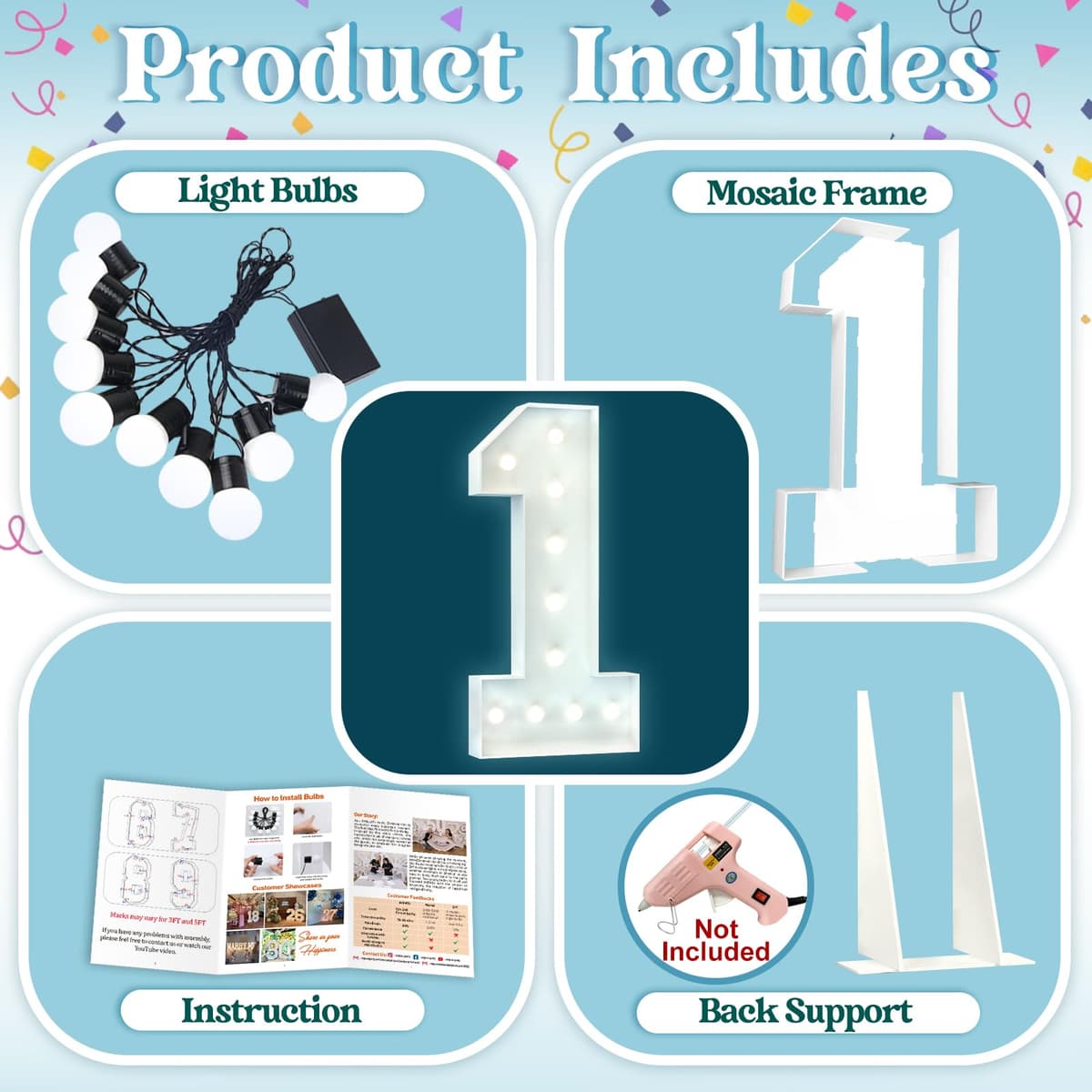 4FT Light Up Numbers Birthday Decoration Large Marquee Numbers 1 for 1st 18th 21st Birthday Party Decor Wedding, Big Number Frame Foam Cardboard Mosaic Arch Stand Pre-Cut Numbers — view 3