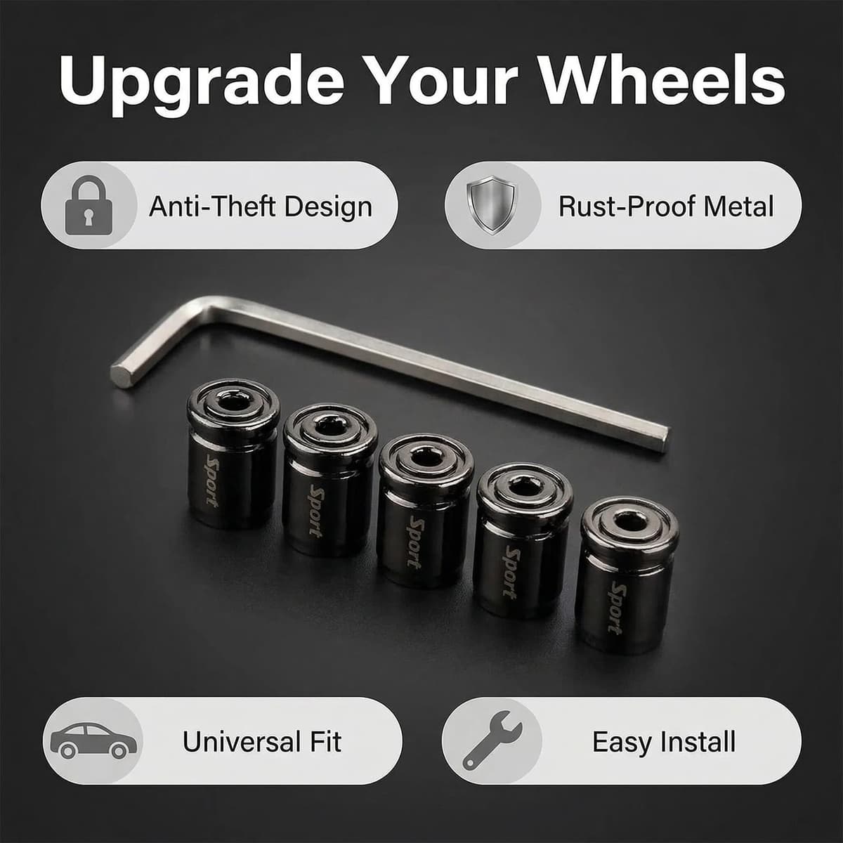 5 Piezas Metal Tapas Válvula de Neumático para Coche, Tapones Válvula Antirrobo Universales para Automóvil, SUV, Camiones, Motocicletas, Tapas Válvulas de Aire con Anillo de Sellado y Llave Incluida — view 3