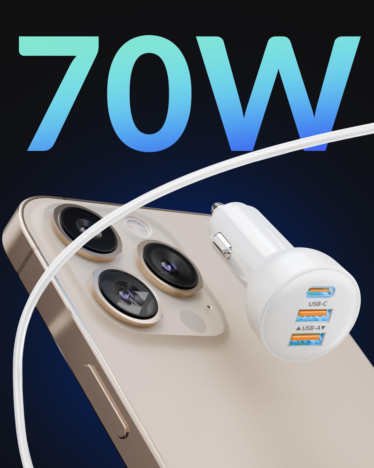 3-Port 70W Fast Car Charger for iPhone 14 13 12 11 Pro Max Plus Mini SE XR XS X 8 7 6, iPad, 2Pack USB Carplay Cord &Lightnings Charging Cable and USB-C&A Car Charger Adapter Cigarette Lighter — view 2