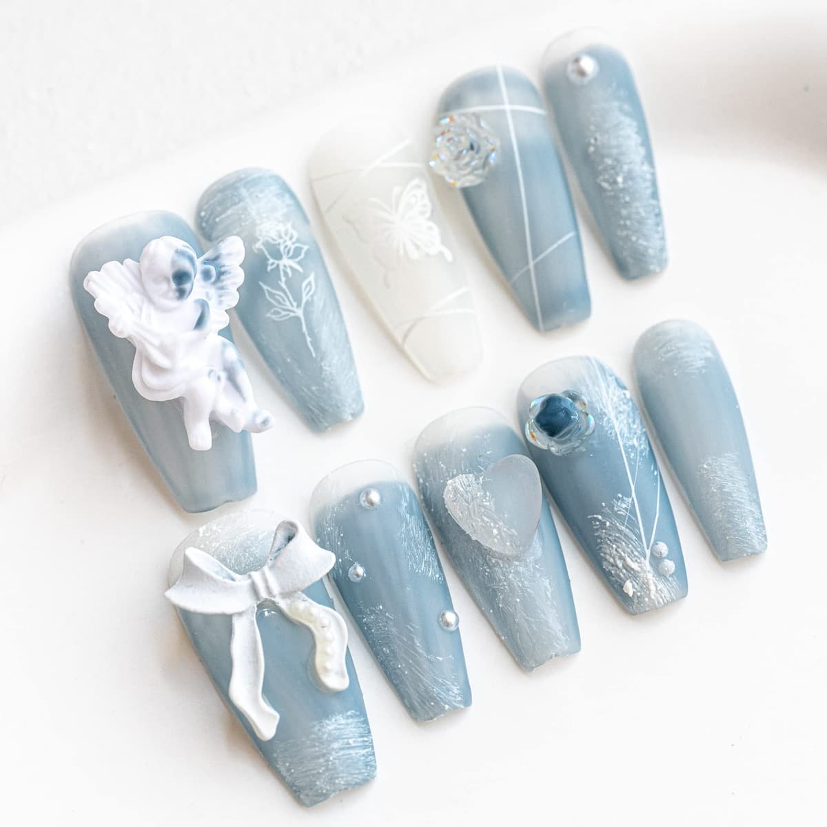 Sun&Beam Nails Handmade Press On Nail Long Coffin Ballerina Pink Flower Acrylic Fake Tip 3D Design Art Charms Cute with Storage Box 10 Pcs (S) — view 244