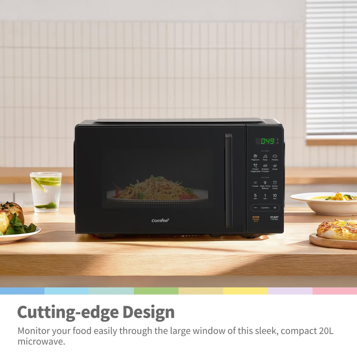 COMFEE' 20L Digital Microwave Oven, 700W Compact Countertop Microwave with Inverter, 6 Auto Menus, Multi-Stage Cooking, ECO Mode, Express Cook, Black - CMO-EM202NF(BK) — view 3