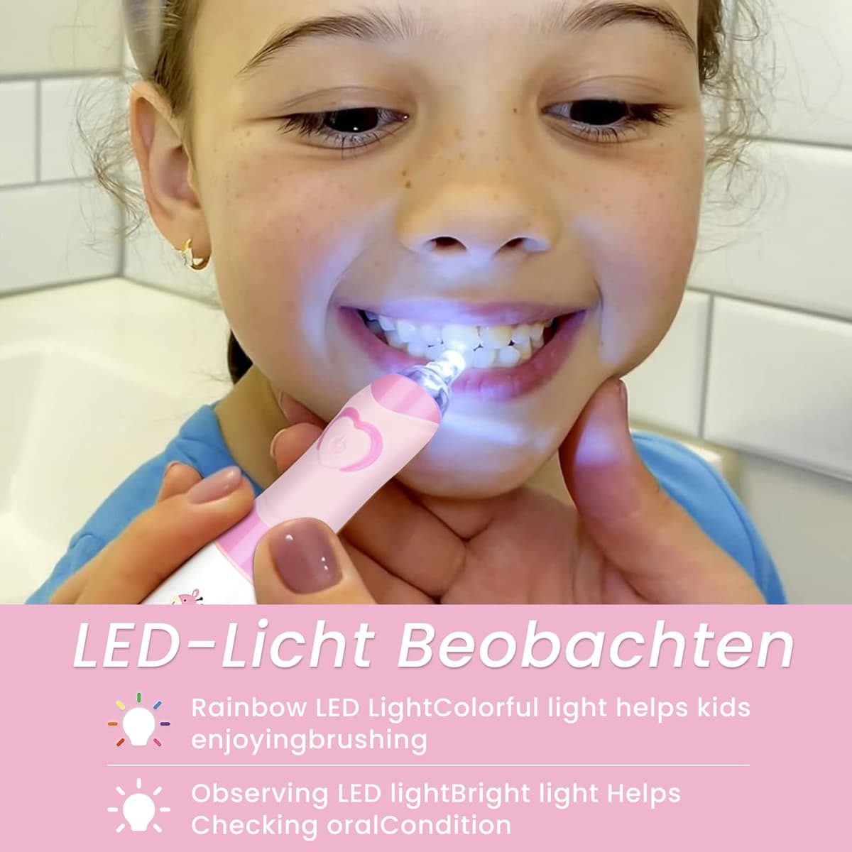 Seago Cepillo de Dientes Infantil Eléctrico Para Niños 3–12 Años Kids Con Luz de Colores,Temporizador Inteligente de 2 minutos,4 Cabezales Suaves SG-EK6/SG-977 (Rosa) — view 6