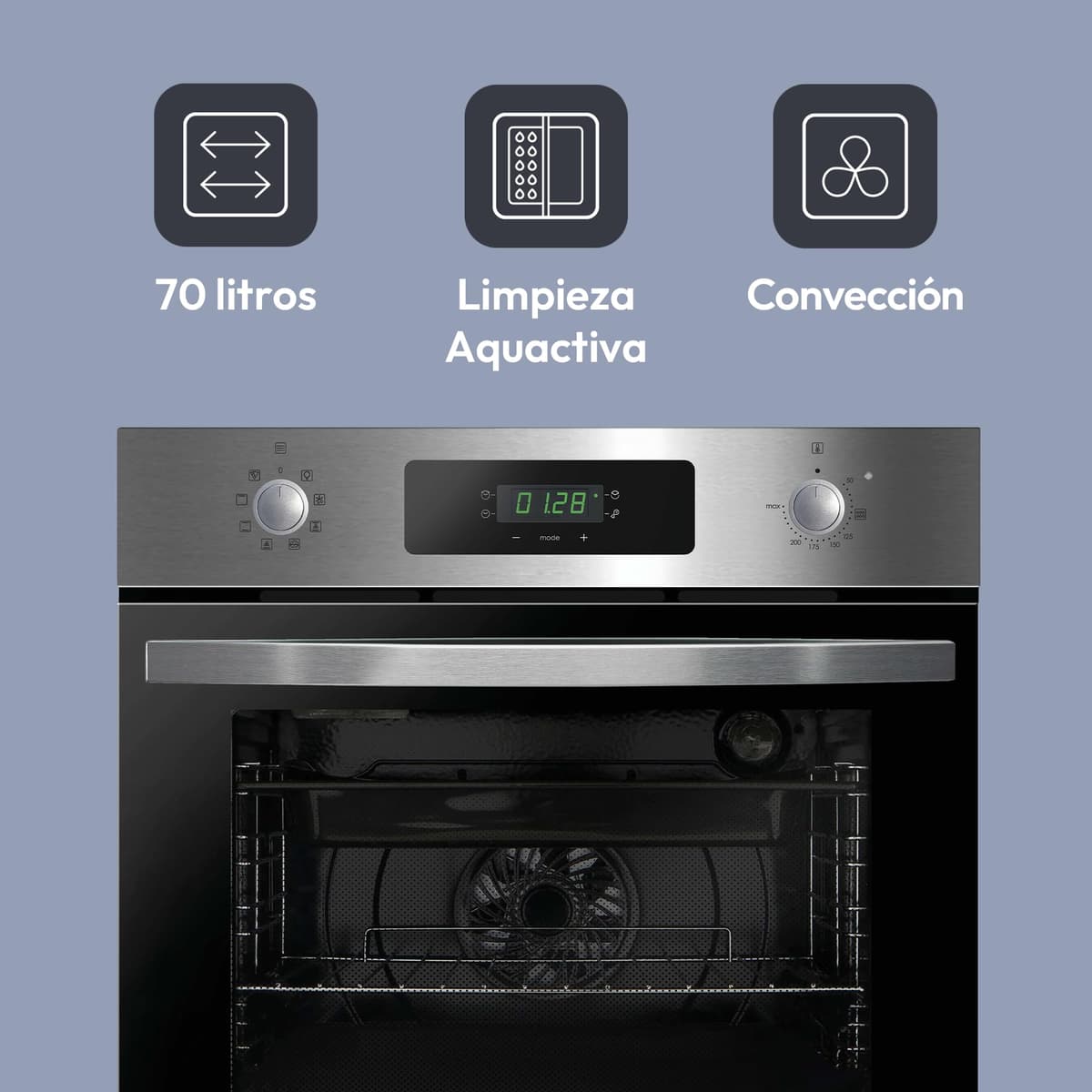 Candy FIDCP X625 L, Horno Multifunción, 70L, Bandeja y Rejilla, Limpieza Aquactiva, Convección + Ventilador radial, 8 Funciones, Display Timer Touch, Mandos Push&Pull, Puerta 2 Cristales, Inox y Negro — view 2