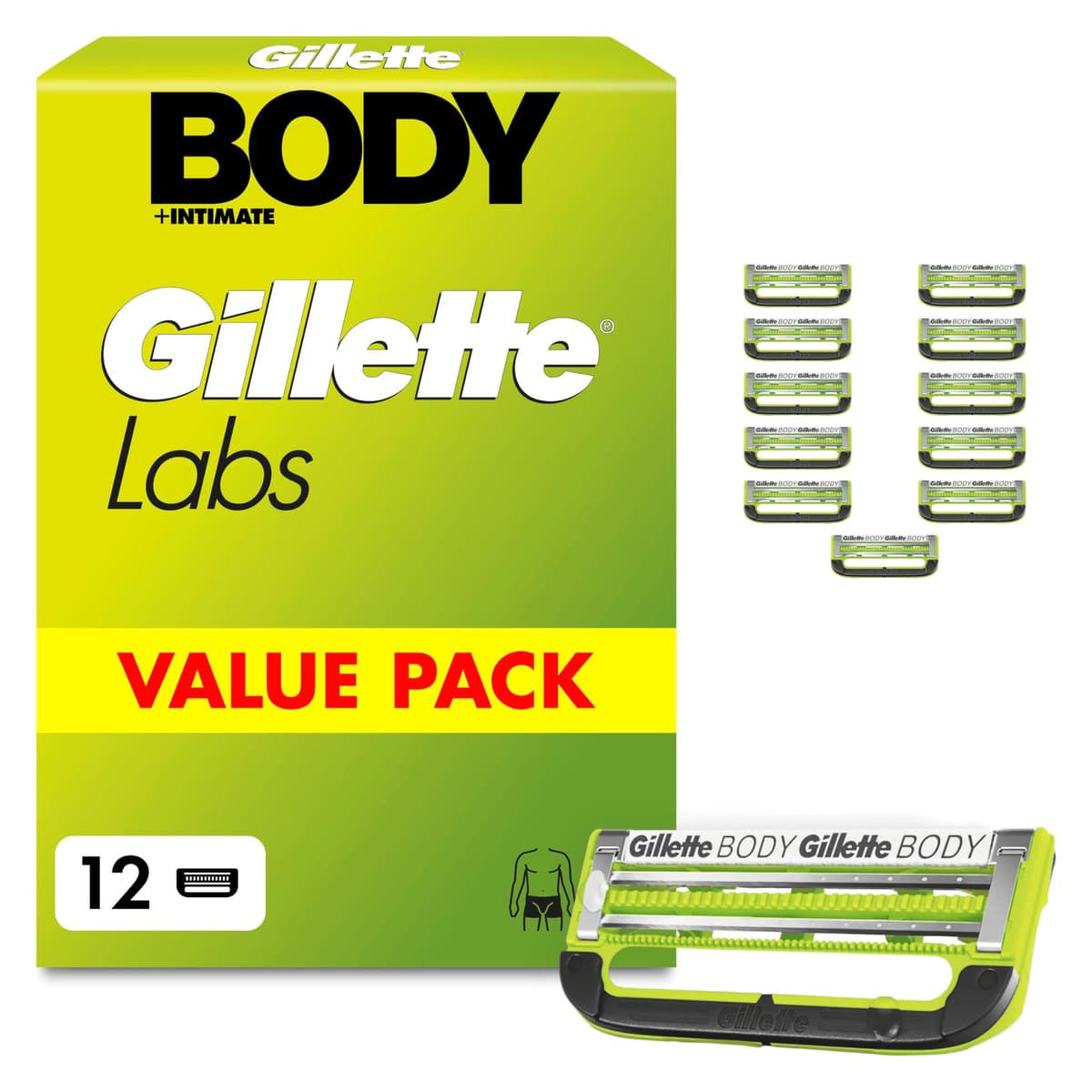 GilletteLabs Body + Intimate Razor Blade Refill Cartridges, 2 Blades and Precision Trimmer, Anti-ingrown Bar, Anti-irritation Bar, Long-lasting Lubrastrip, 12 Cartridges