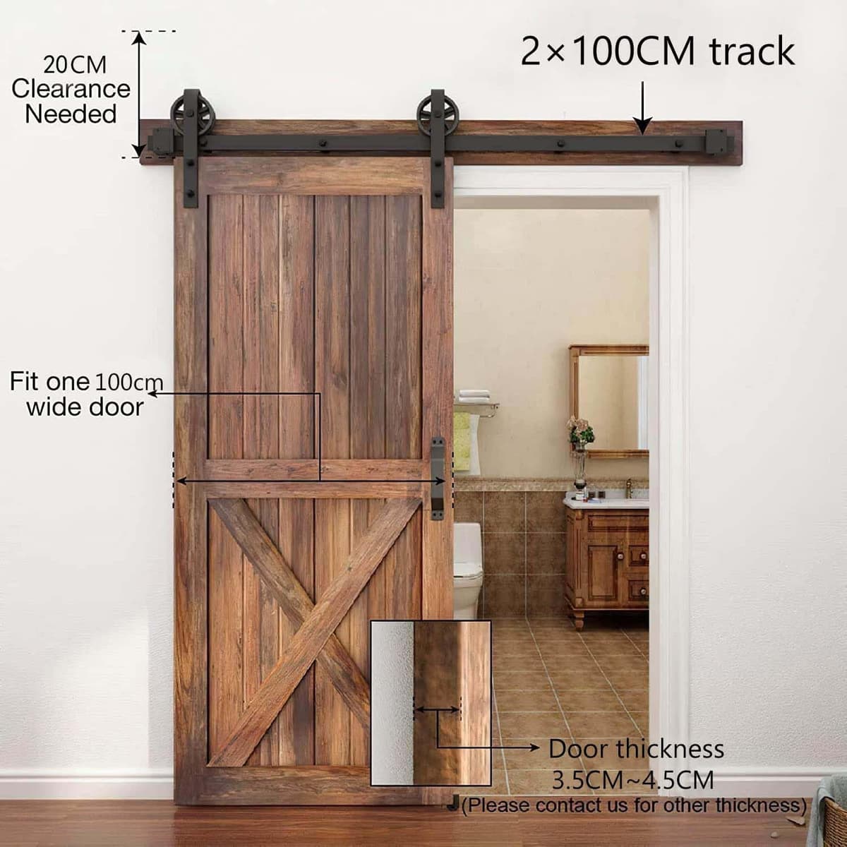 WINSOON 200cm Herrajes para puertas corredizas de granero de madera antigua Básico Negro Kit de rodillos de rueda de radios grandes Sistema de rieles de soporte para gabinete — view 3