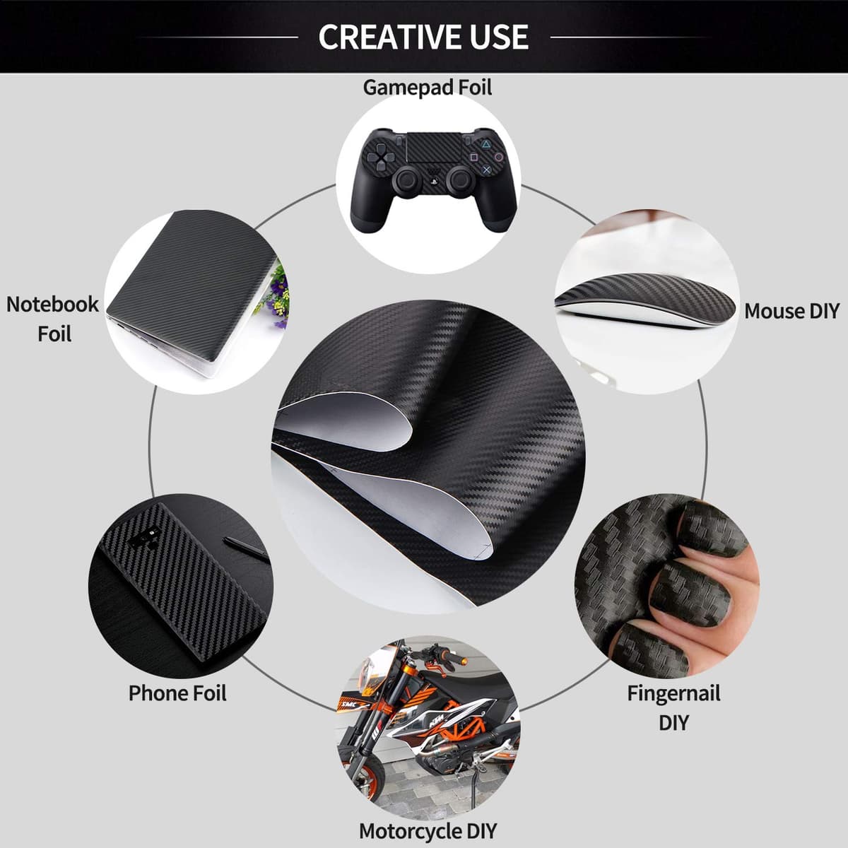 Carbon Fibre Vinyl Wrap Roll with Plastic Scrapers, 1500 x 300 mm Self-Adhesive Vinyl Sticker Tape for Cars Auto and Motorcycle DIY, Interior/Exterior, Textured 3d Effect, Matt Black — view 6