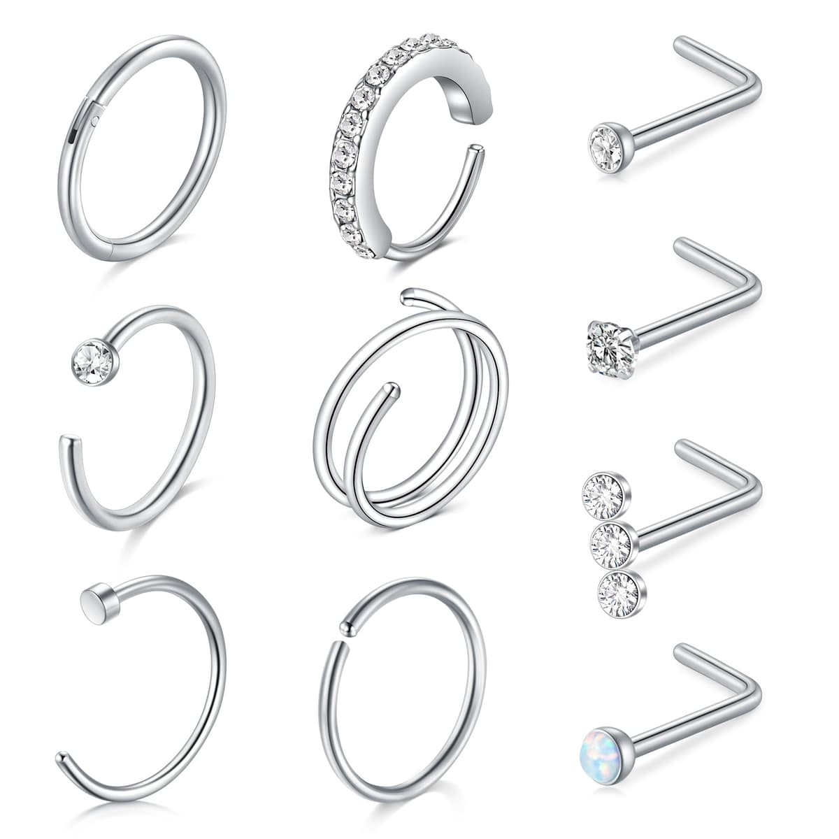 LAURITAMI Pendientes Piercing Nariz de Acero Quirúrgico Perno Curvos 20G 7 mm Tornillo Espiral L Forma Opal CZ Estilos Joyas — view 7
