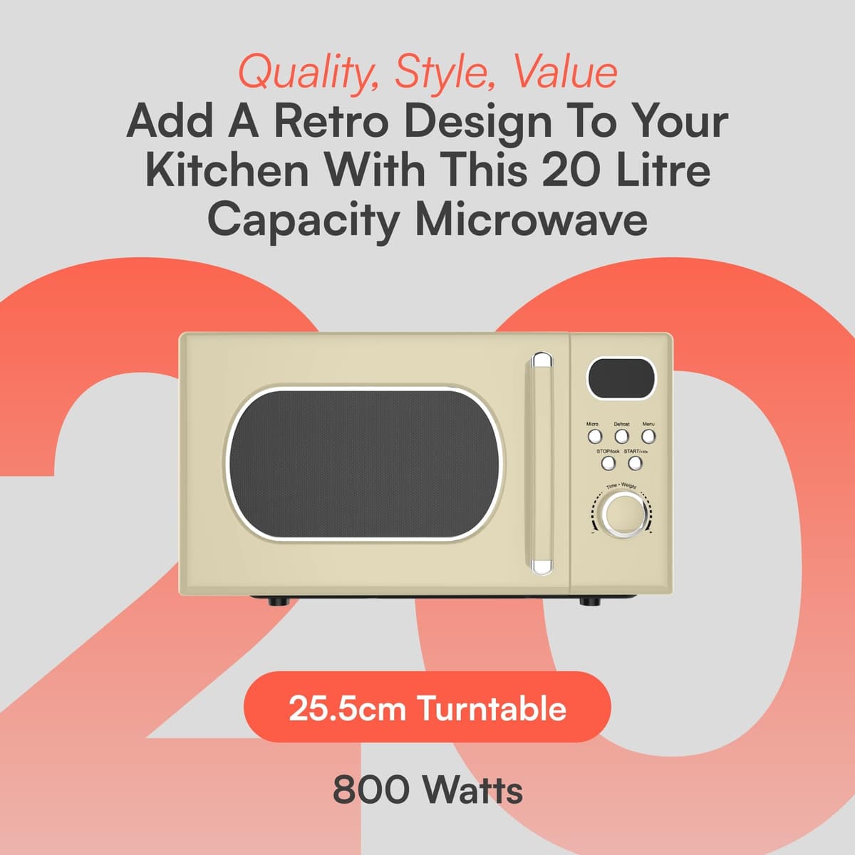Cookology RETDD20CR Freestanding Retro Microwave - 20 Litre Capacity - With 25.5cm Turntable - 800W Microwave - 8 Auto Cooking Programs - 5 Cooking Power Levels - Defrost Setting - Cream — view 2