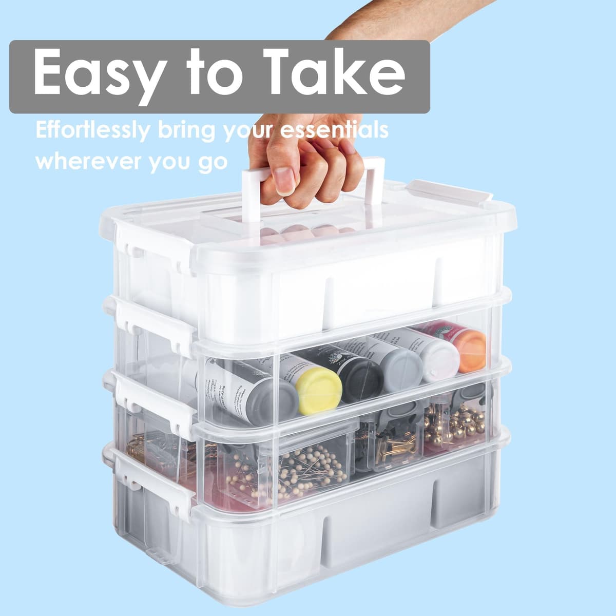 Craft Organizers and Storage, 10QT 4-Layer Durable Sewing Organizer for Sewing Supplies with 2 Removable Trays, DIY Kit Container for Seasonal Decor, Tool, Scrapbook and Art Supplies — view 5