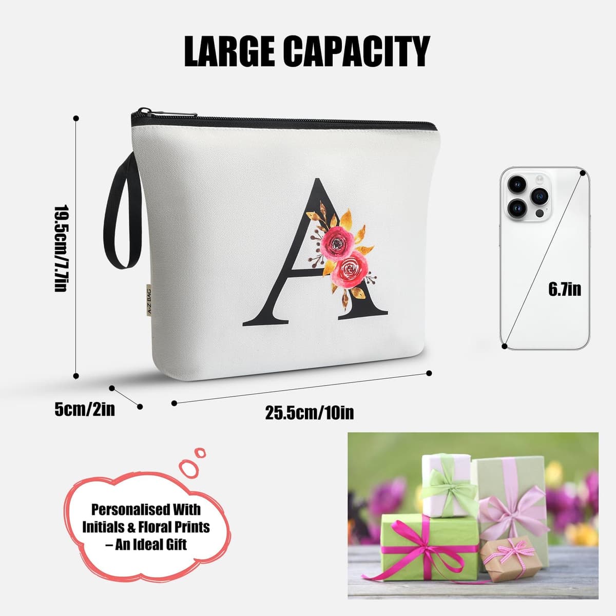 A-Z BAG Personalised Initial Makeup Bag with Floral Letter,Gifts for Women,Mum,Friend,Sister,Teenage Girls,Bridesmaid,Cosmetic Wash Bag & Toiletry Pouch,W — view 4