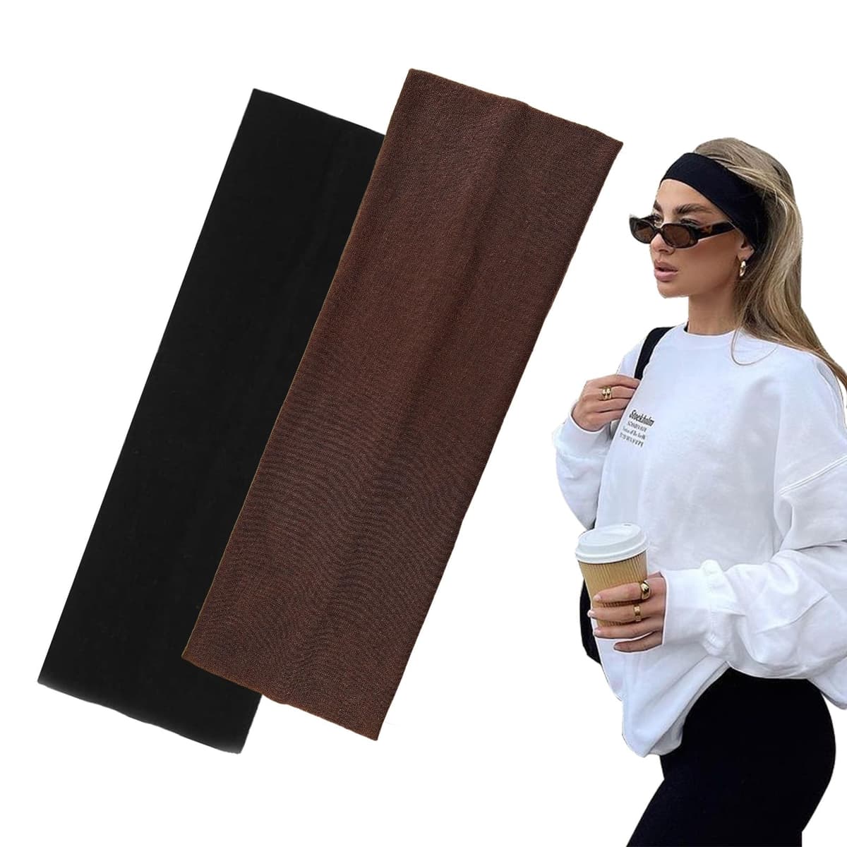 7cm Wide Black Headbands for Women Men, Yedtreg 2pack Fashion Head Bands for Women's Hair, Soft Fabric Stretchy Hair Bands for Makeup, Yoga, Running, Sports (Black/White) — view 10