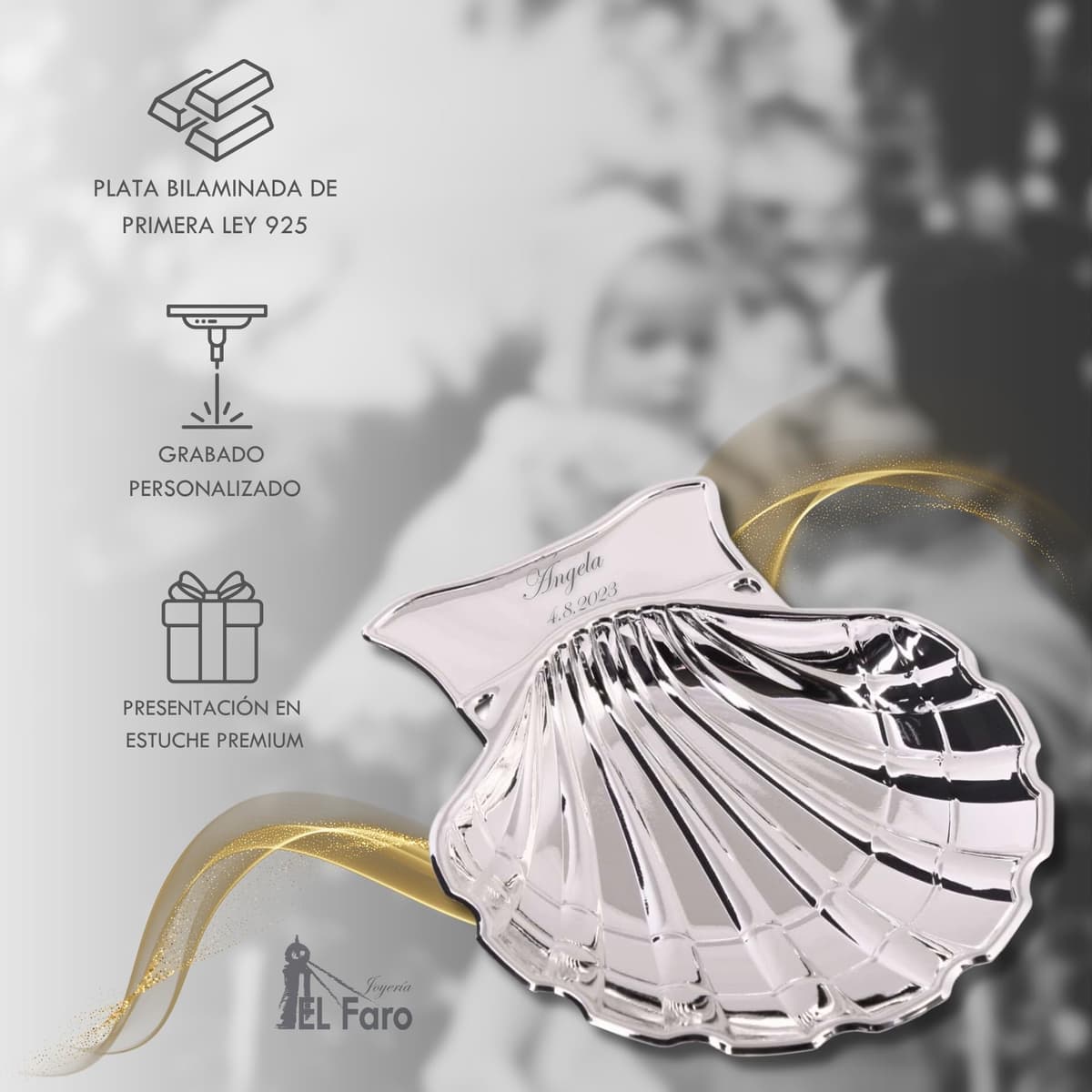 JOYERIA EL FARO | Concha bautismal | Concha bautismal grabada | Grabado personalizado | Presentación en estuche premium | Un regalo para toda la vida (Modelo 2) — view 2