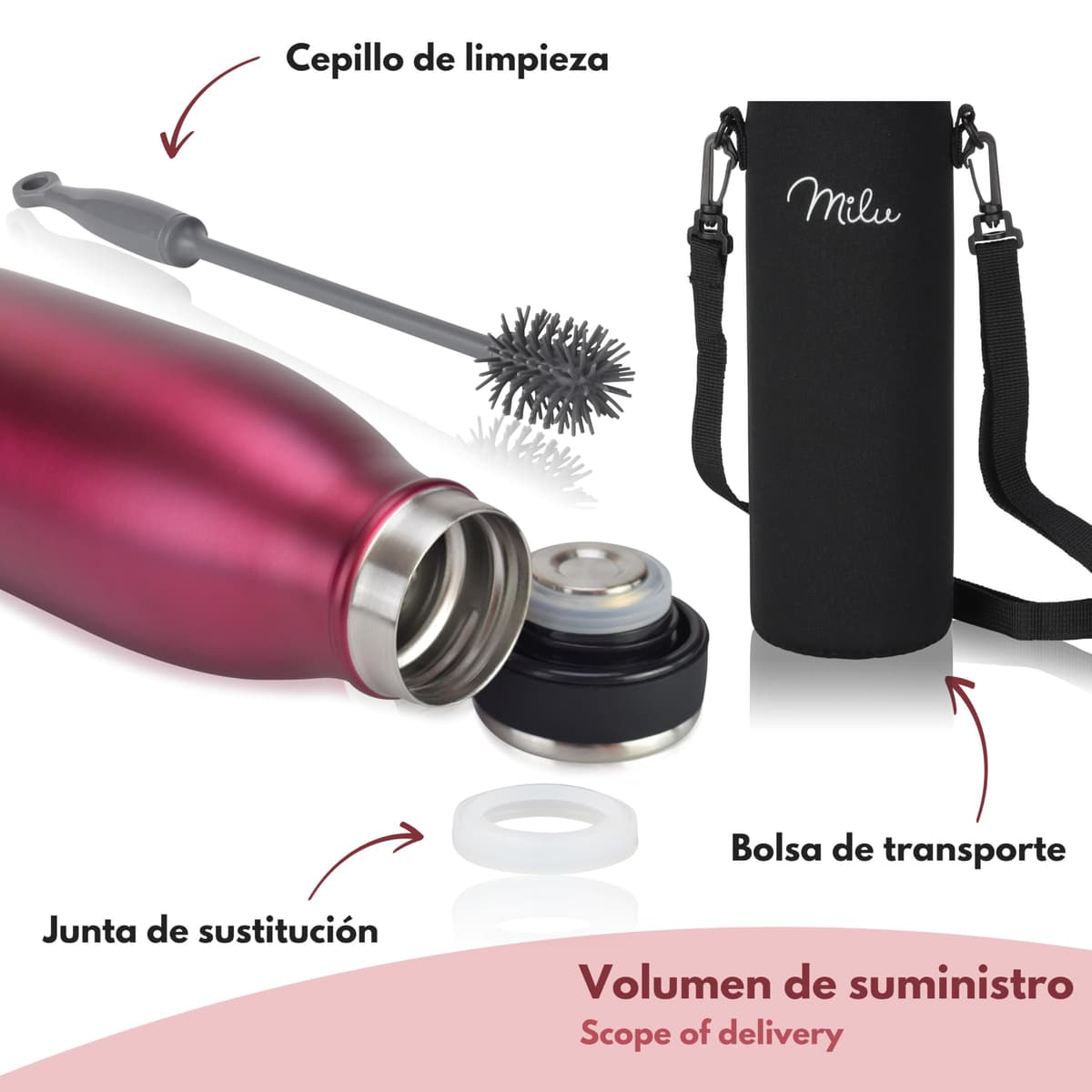 Milu Botella de acero inoxidable de 350ml 500ml 750 ml 1 L 1,5 L botella de agua aislada, termo a prueba de fugas, doble pared, apta para ácido carbónico + cepillo de limpieza (Azul Violeta, 350ml) — view 98