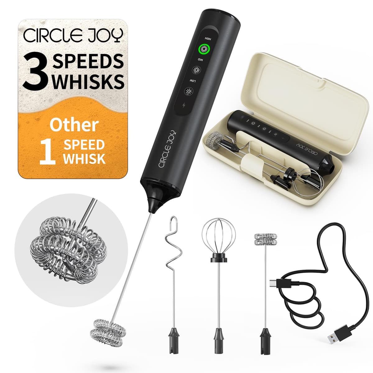 CIRCLE JOY Electric Milk Frother Handheld, Rechargeable Coffee Frother with Dual Spring Whisk, Portable Hand Frother Wand Drink Mixer for Coffee, Hot Chocolate, Cappuccino, Frappe, Matcha, Black — view 16