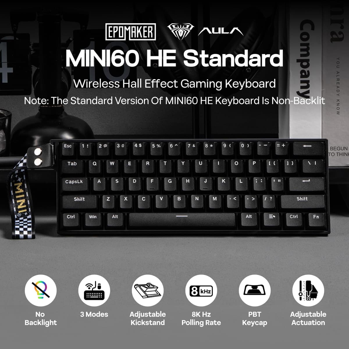 EPOMAKER Aula MINI60 HE Teclado Gaming de Efecto Hall, 2.4GHz/BT, Sondeo 8000Hz, SOCD y DKS, Actuación Ajustable y Disparo Rápido, Teclas PBT, Teclado Mecánico Inalámbrico 60% para Win/Mac (Estándar) — view 2