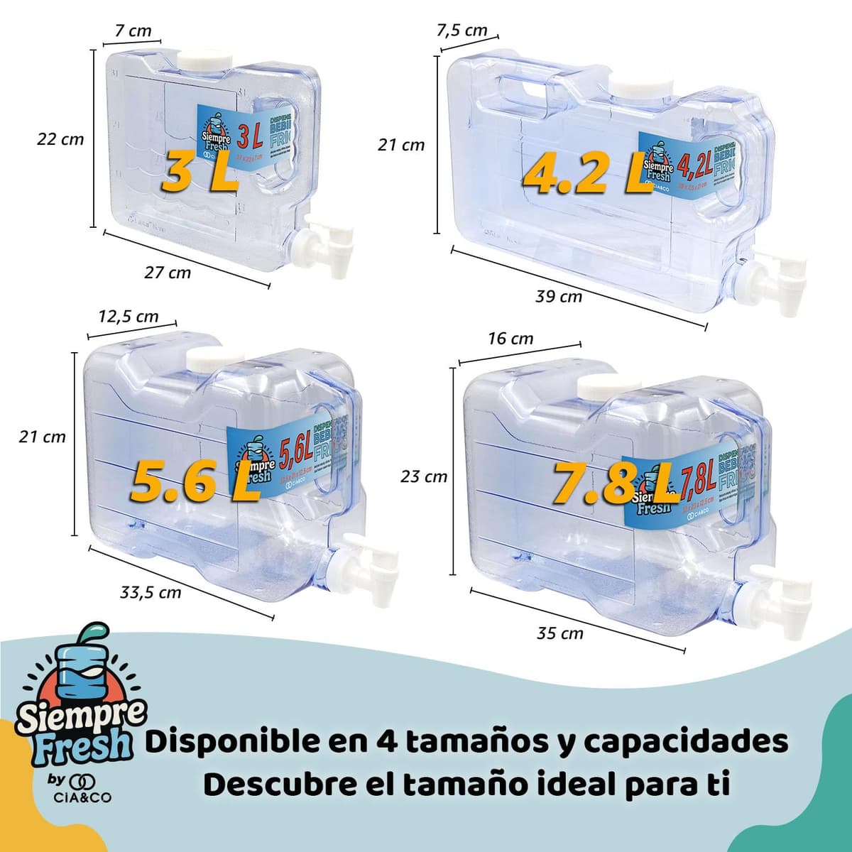 Dispensador de Agua Fría para Nevera 5,6 L by Cia&Co | Garrafa compacta 33,5x21x12,5 con Asa Ergonómica, Grifo de Doble Función y Tapón - Reutilizable y Duradera, Bebidas Frías en Casa, Playa, Camping — view 4