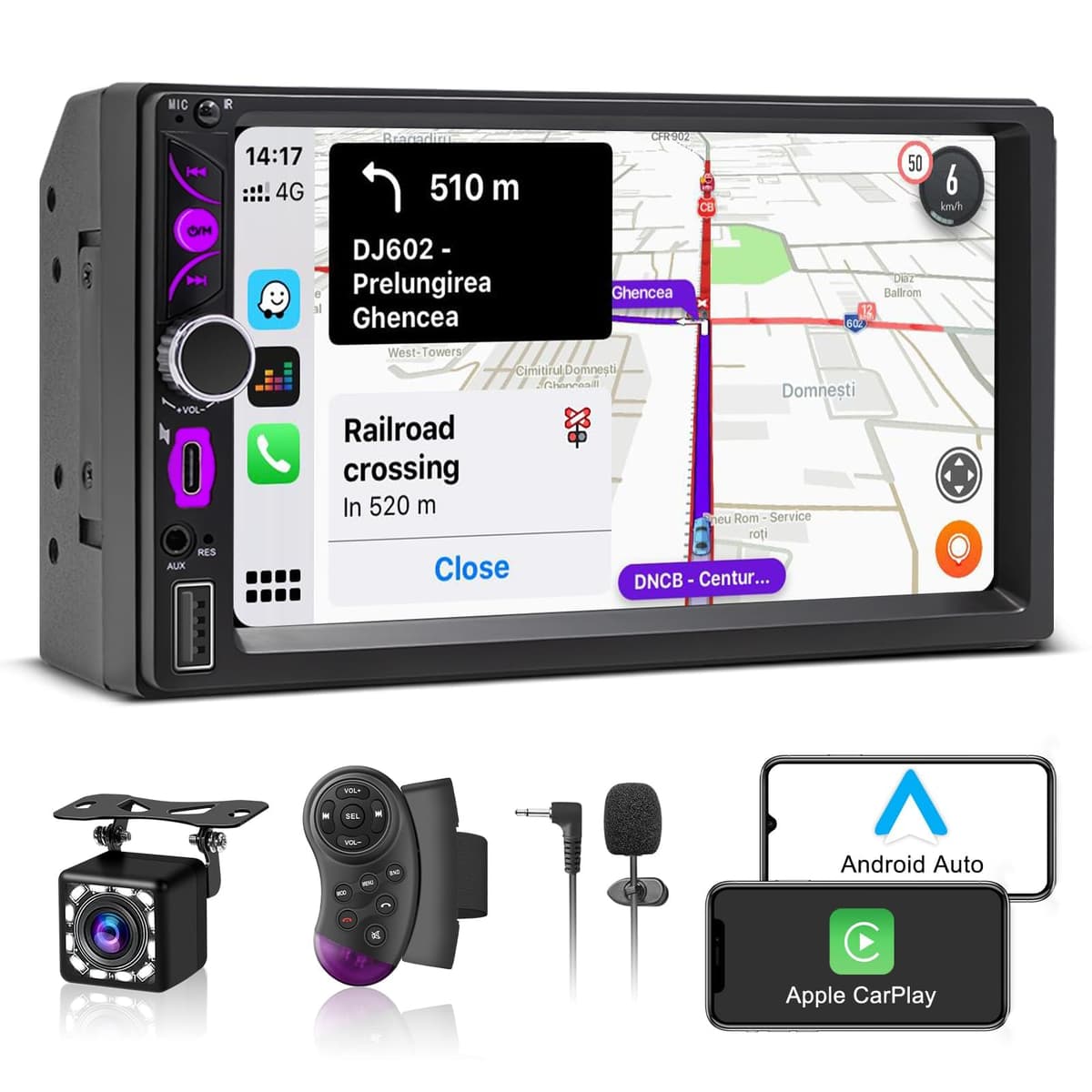 Radio Coche 2 DIN con Wired CarPlay&Android Auto,7" HD Carplay Coche con Pantalla táctil,Autoradio con Bluetooth,Mirror Link,FM,AUX,Cámara de Respaldo,Navegación GPS,Control por Voz,Type-C,USB,SWC