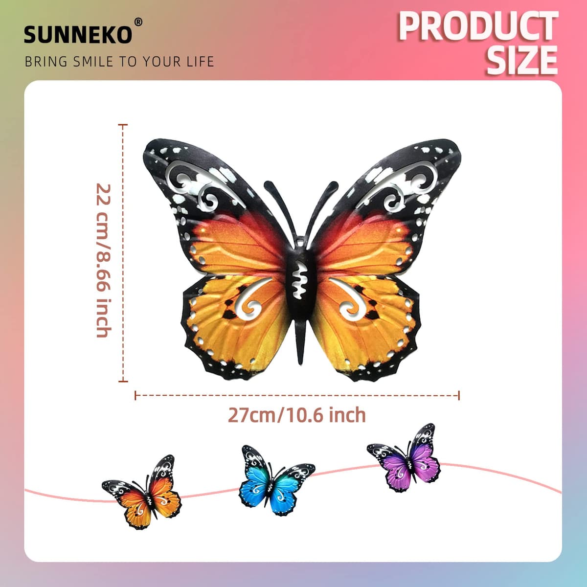 SUNNEKO Large Metal Butterfly Garden Ornaments Outdoor, Metal Wall Art Big Butterfly Decorations for Outside Garden Shed Fences Yard Decorations Wall Hanging (3 PCS) — view 5