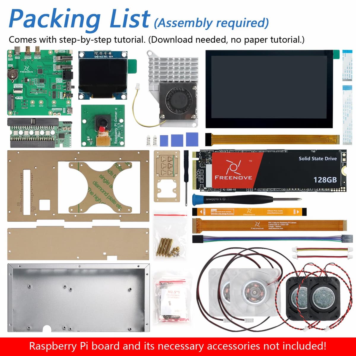 Freenove Computer Case Kit for Raspberry Pi 5 (Not Included), 128GB M.2 NVMe SSD 800 MB/s, 4.3 Inch Touchscreen, 5 MP Camera, OLED Screen, Stereo Speakers, 3.5 mm and Optical Audio (S/PDIF) — view 2