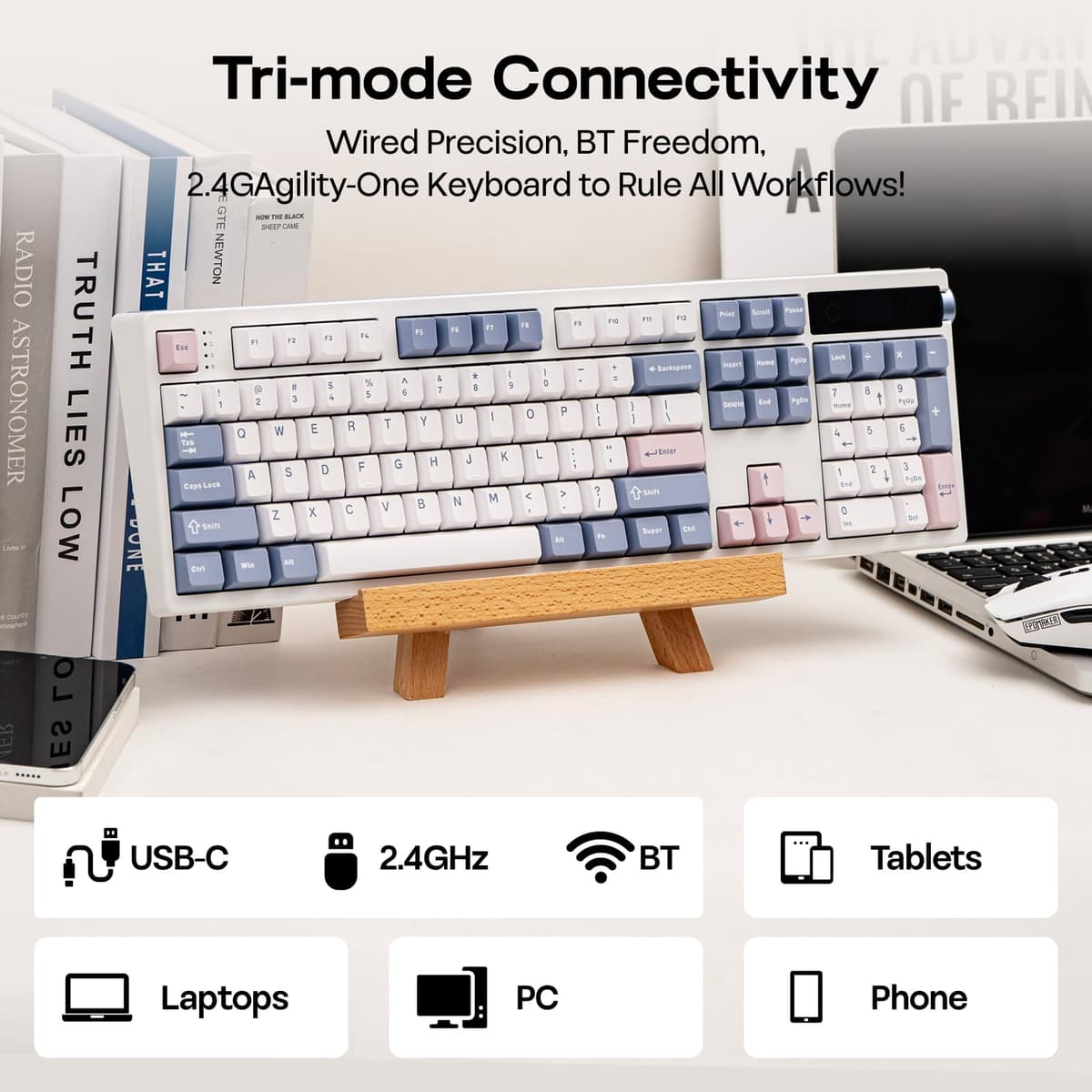 EPOMAKER TH108 Pro Teclado Mecánico Inalámbrico para Juegos de Tamaño Completo con Pantalla y Perilla, 10000mAh, Gasket Cremosa, Hot Swap, Controlador Personalizado, RGB (Blanco, Sea Salt Silent) — view 5