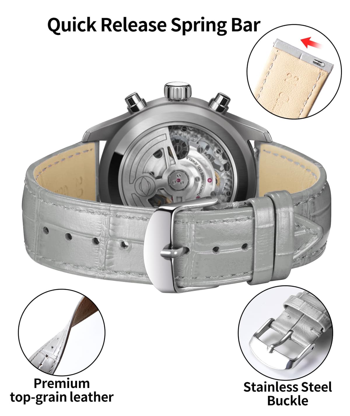 BINLUN Quick Release Leather Watch Straps Replacement Watch Bands Smart Watch Strap Crocodile Pattern in 10 Colors 13 Sizes with Silver/Gold/Rose-Gold Buckle for Men Women(10mm-24mm) — view 14