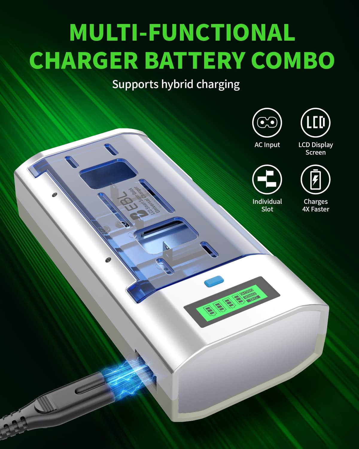 EBL Rechargeable D Batteries with Charger - LCD Universal Smart Battery Charger for C D AA AAA 9V Ni-MH Ni-CD Batteries With D Batteries (4 PACK) — view 5