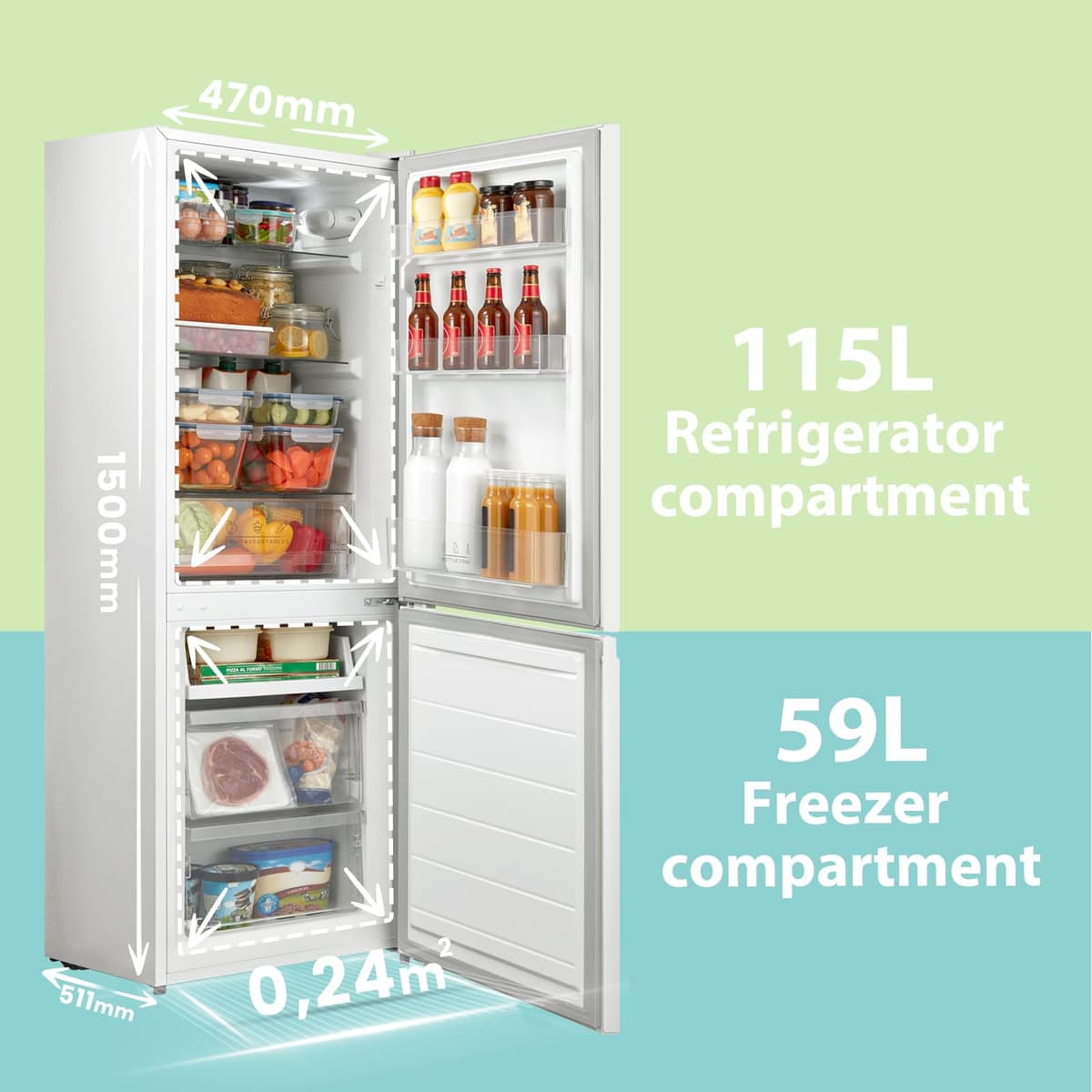 COMFEE' RCB169WH2(E) 174L 70/30 Freestanding Fridge Freezer, 150cm Height, Low Frost, 4-Star Freezer, Quiet 39dB, Adjustable Thermostat, LED Light, Reversible Door, White — view 2