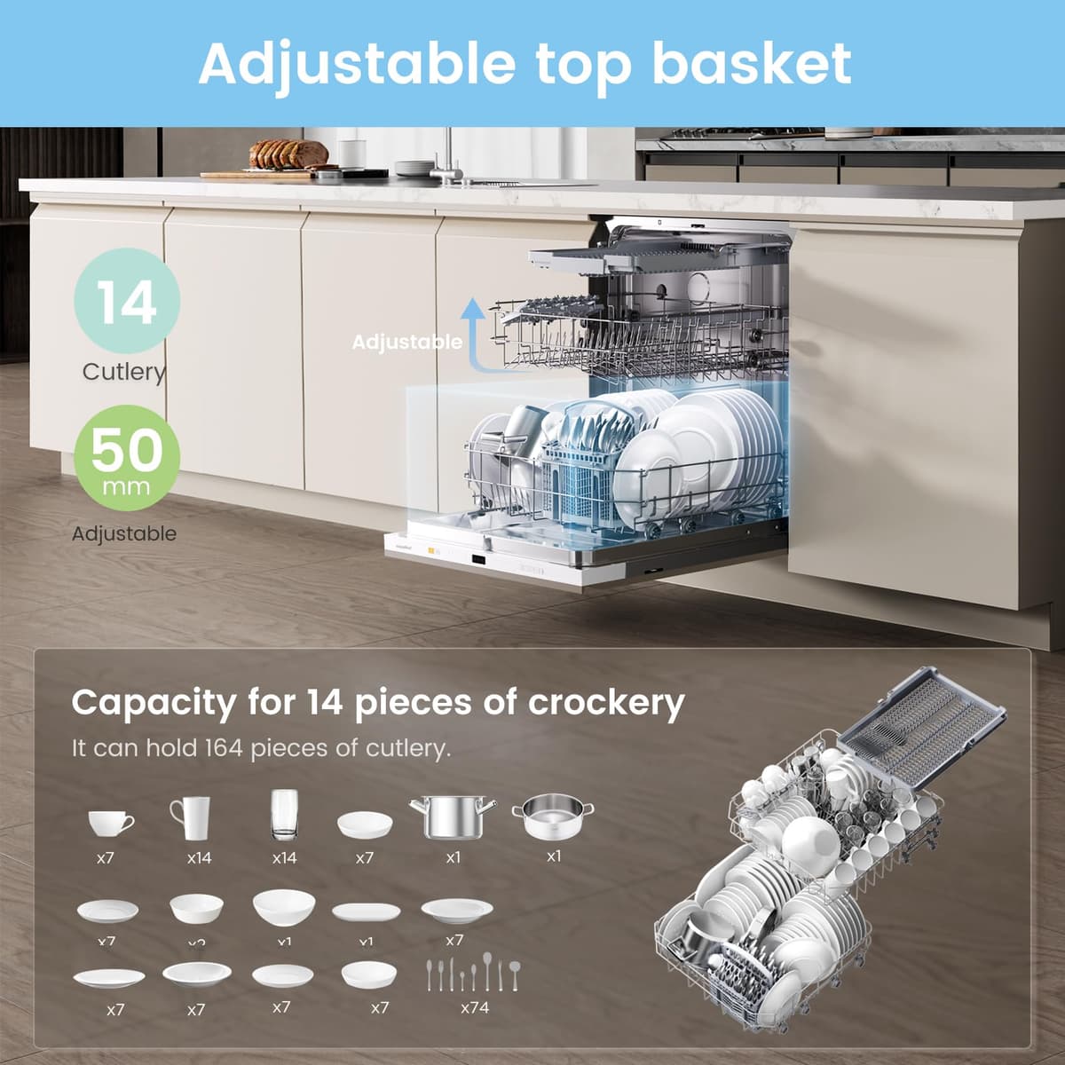 COMFEE' Fully Integrated Dishwasher with 14 Place Settings, Wi-Fi Connected, 47dB Low Noise, Built-in Dishwasher with Rapid Wash, Half-load, Auto Door Open Drying-CDWPF1415P-UK — view 5