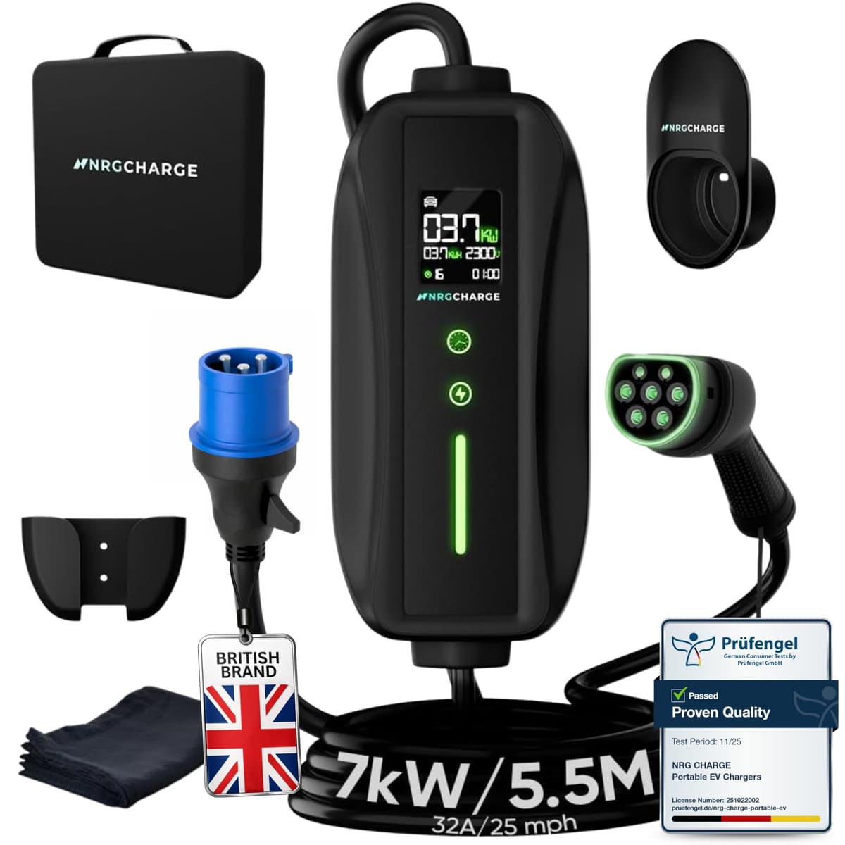 EV Charger CEE 32A Plug | Portable EV Charger Type 2, 7kW | Single Phase, Cabel, 6-32A | Electric Car Charger | Home Car Charger | Fast Charging, Compact, Travel-Friendly (7kW, 5,5 Meter)