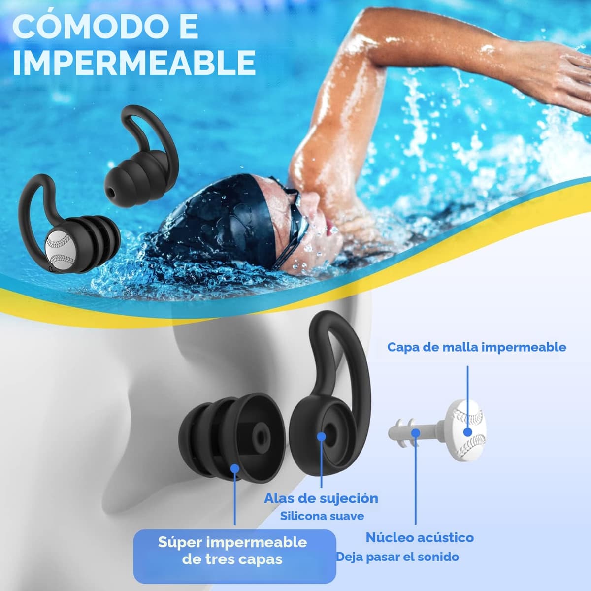 Tapones oidos natación para adultos - Impermeables reutilizables de silicona suave tapones para los oídos para la ducha, natación(3 pares) — view 2