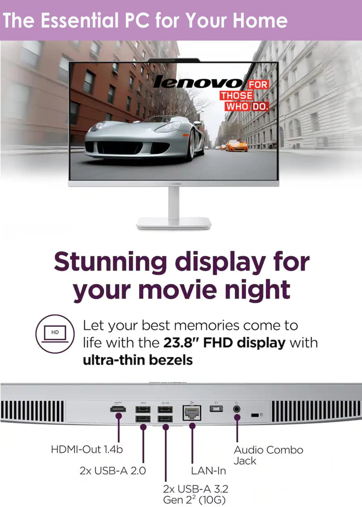 Lenovo All in One Desktop, Intel Ultra-Fast Quad-Core CPU| 24'' Full HD Display| 16GB RAM, 256GB PCIe SSD| Wi-Fi 6| Bluetooth| USB, Ethernet Port| Windows 11 | HDMI| Wireless KB & Mouse — view 4