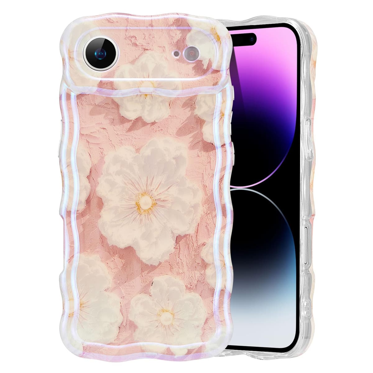 EYZUTAK Case for iPhone 16, Colorful Retro Oil Painting Printed Flower Laser Glossy Pattern Cute Curly Wave Edge Exquisite Phone Cover Stylish Durable TPU Protective Case for Girl Women-Green — view 49