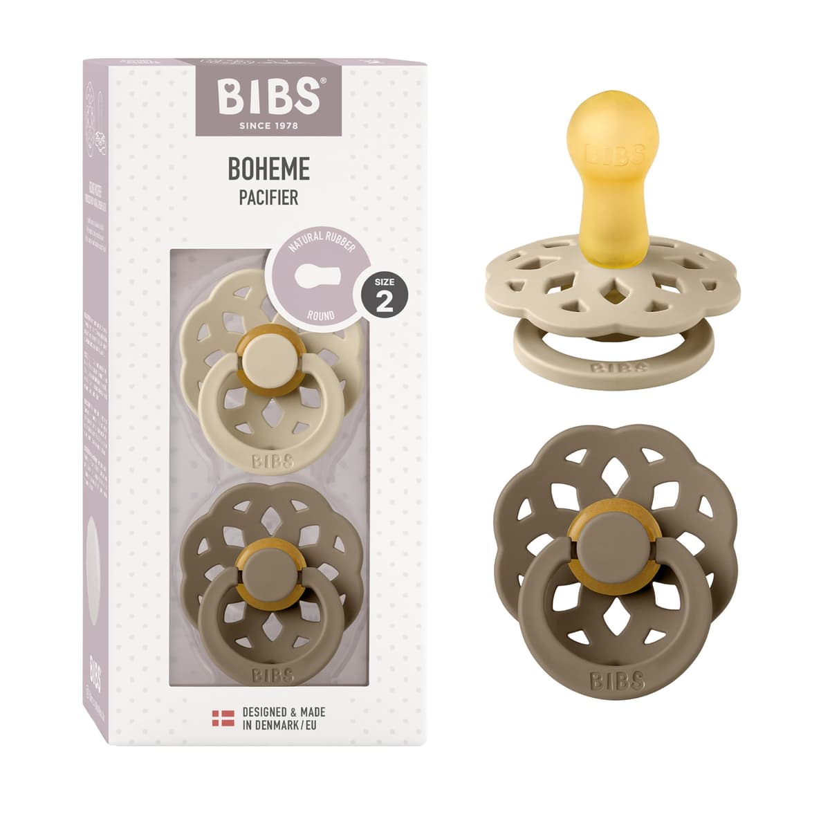 BIBS Boheme Soother 2-Pack. BPA Free. Round Nipple. Natural Rubber Latex, Made in Denmark. Size 2 (6-18 Months), Blossom/Dusky Lilac — view 35
