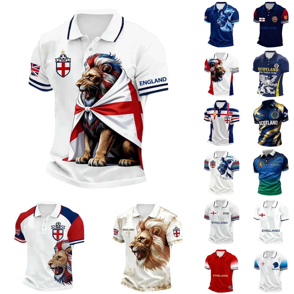 Men's England Football Shirt 2026 World Cup Shirts Polo Clear Printed Tops Mens Soccer Clothing Stretchy Jersey Men Lightweight Poloshirt Breathable Comfortable