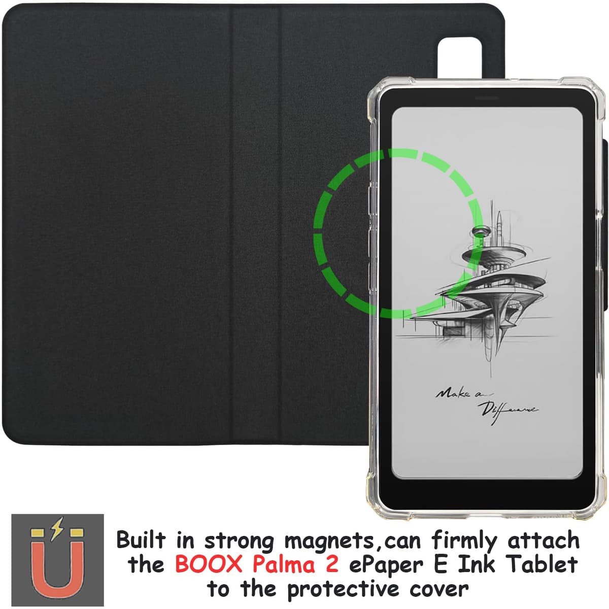 2in1 Magnetic Detachable Flip Case for Onyx Boox Palma2 (2024 Released) TPU Transparent Cover with Auto Sleep/Wake, Magnetic Closure Buckle (Cloth Sage Green) — view 3