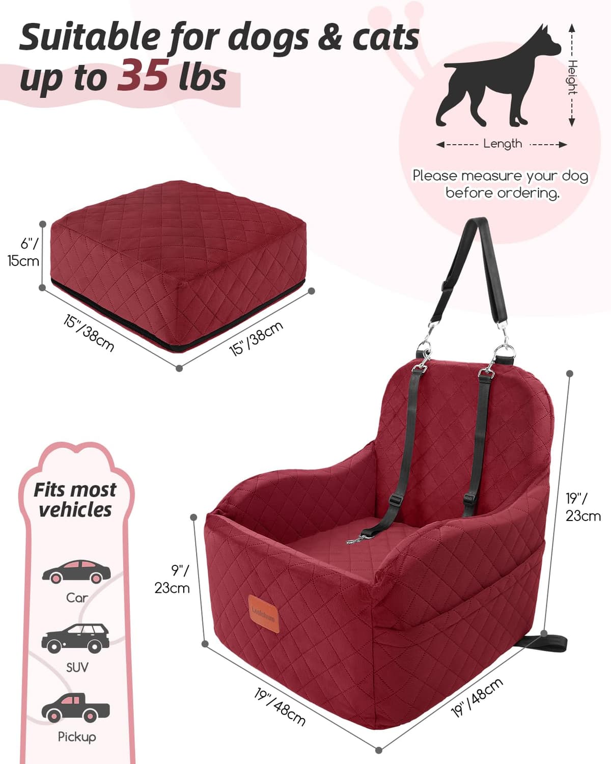 Lealchum Dog Booster Car Seat for Small Dogs,Puppy Portable Car Seat with Elevated Buttom,Fully Detachable and Washable Pet Cars Seat with Storage Pockets,Easy to Install (Red, Medium) — view 2