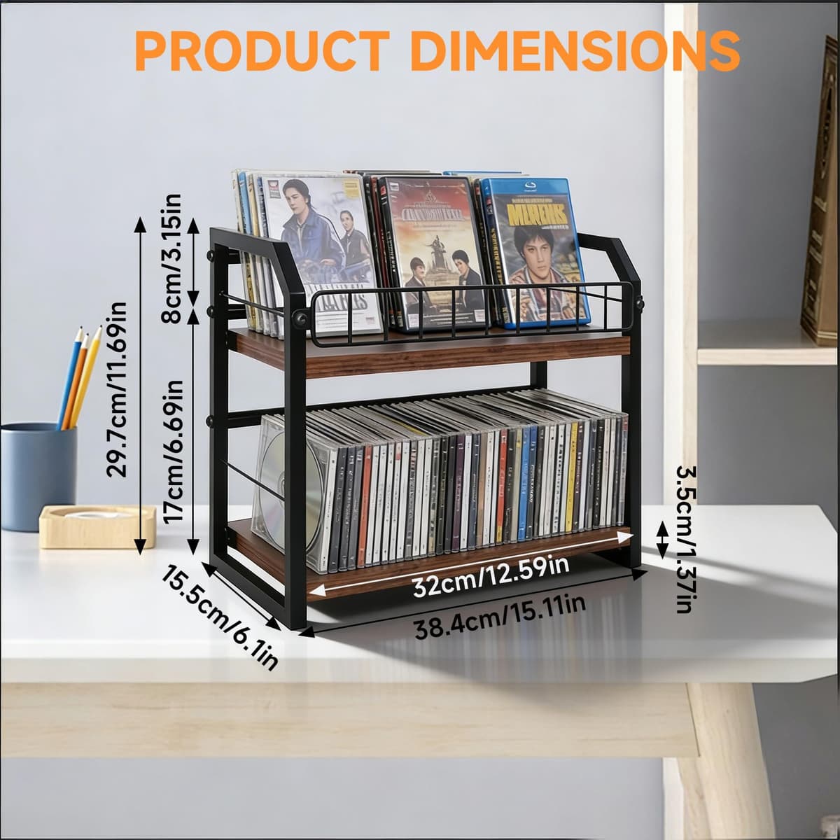 2-Tier CD Storage Rack & Tower, Vinyl Record & CD Holder with Display Shelf, Industrial Retro Wood & Iron Organizer for LPs, CDs, DVDs, Games, Magazines, Space-Saving Desktop CD Stand — view 2